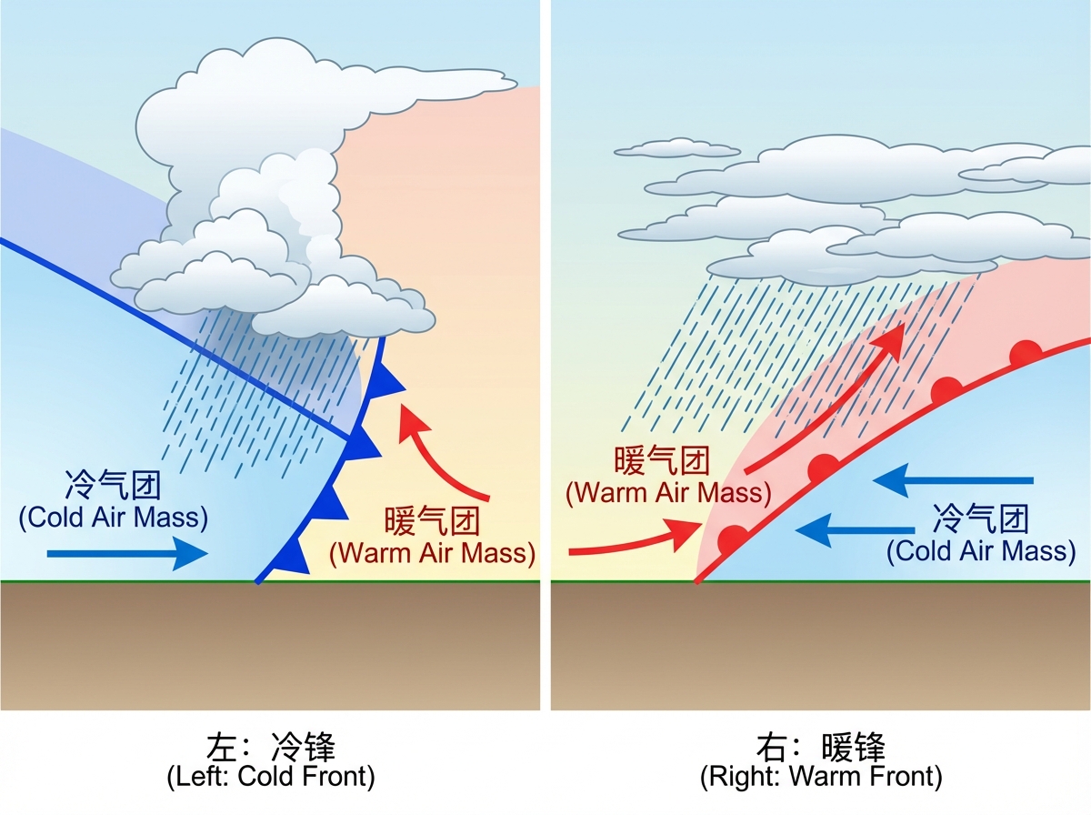 图中展示了一张关于冷锋和暖锋气象原理的对比示意图，采用左右并列的构图。左侧描述冷锋，深蓝色的冷气团像楔子一样插入，将暖气团抬升，上方形成了厚重的积雨云并伴有急促的降雨，锋面线上带有蓝色的三角形符号。右侧描述暖锋，红色的暖气团爬升在冷气团之上，上方是平铺的云层和连绵细雨，锋面线上带有红色的半圆符号。背景由浅蓝色的天空、白云和棕色的地面组成，并配有中英文对照的标注。

画面中存在明显的 AI 生成缺陷：首先，文字排版略显生硬，部分线条与文字重叠；其次，在右侧暖锋图中，冷气团的蓝色箭头指向与锋面移动逻辑存在矛盾，且锋面线上的红色半圆符号排列不自然，部分符号与线条连接处有断裂感；左侧冷锋图中，降雨的线条穿透了云层顶部，不符合物理透视；此外，云朵的边缘处理较为模糊，缺乏真实气象图的严谨性。