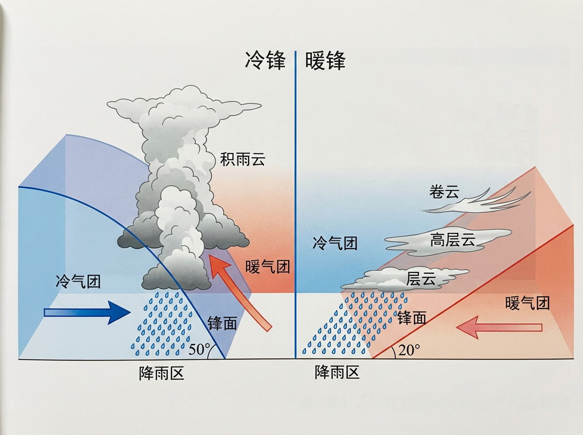 图中展示了一张关于气象学中“冷锋”与“暖锋”原理的对比示意图。画面被中间的一条蓝线一分为二，左侧描述冷锋，右侧描述暖锋。左侧冷锋部分，深蓝色的冷气团呈陡峭的弧形向右推进，迫使暖气团抬升，上方形成了高耸的积雨云，并伴有密集的降雨点，标注坡度为50度。右侧暖锋部分，红色的暖气团沿平缓的斜面爬升到冷气团之上，上方分布着层云、高层云和卷云，降雨区较为宽广，标注坡度为20度。

作为一张 AI 生成的科普图，画面中存在明显的逻辑和文字缺陷：首先，右侧暖锋图示中的箭头指向左侧，但文字却将左侧标注为“冷气团”，右侧标注为“暖气团”，这与常规气象模型中暖气团主动推进的方向产生冲突。其次，部分文字排版略显拥挤，且虽然整体构图清晰，但这种将两种锋面强行拼接在一个透视空间内的做法，导致地平线和立体色块的衔接在视觉上不够自然。