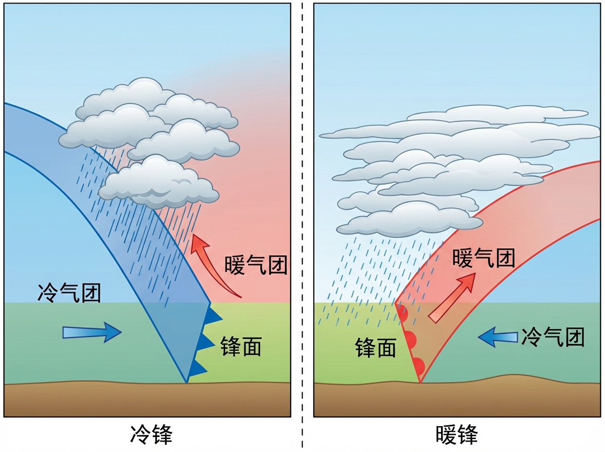 图中展示了一张关于地理气象知识的科普示意图，由左右两个面板组成，分别解释“冷锋”和“暖锋”的形成原理。左侧面板背景为浅蓝色，描述冷气团主动向暖气团移动，冷气团用蓝色色块表示，边缘带有三角形锯齿，上方伴有积雨云和密集的雨滴。右侧面板描述暖气团主动爬升，暖气团用红色色块表示，边缘带有半圆形凸起，上方覆盖着层状云并伴有降水。画面色彩鲜明，文字标注清晰。

然而，作为一张 AI 生成的图片，画面中存在明显的逻辑和细节缺陷：首先，文字虽然看起来是中文，但部分笔画略显生硬，且右侧面板中“冷气团”的箭头指向与文字描述的暖锋逻辑存在矛盾，箭头指向了暖气团区域。其次，云朵的边缘处理过于机械重复，雨滴的线条分布不自然，且冷暖锋面的交界线（锋线）在透视上显得生硬，缺乏真实气象图的科学严谨性。