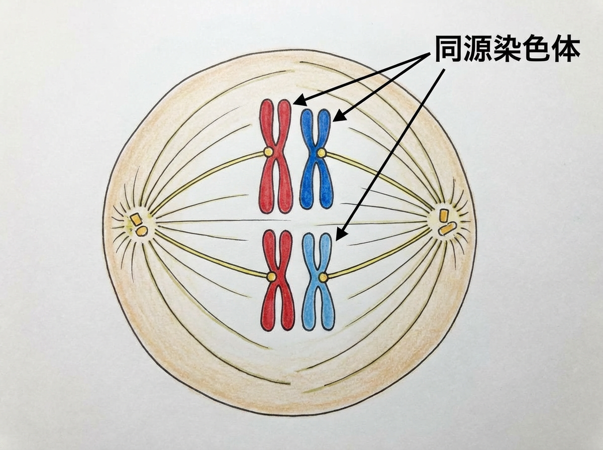 图中展示了一幅模拟生物细胞减数分裂过程的手绘风格示意图。画面中央是一个浅褐色的圆形细胞，内部包含两对正在分离的染色体，分别以红色和蓝色区分，每条染色体都由两个姐妹染色单体组成。细胞左右两侧各有一个发散状的中心体，并延伸出细长的纺锤丝连接到染色体的着丝点上。右上角有黑色文字“同源染色体”，并带有三个黑色箭头指向图中的染色体对。

作为一张 AI 生成的教学图片，画面存在明显的逻辑与细节缺陷：首先，文字标注存在科学性错误，箭头同时指向了非同源的染色体，且文字排版略显生硬。其次，纺锤丝的线条分布不均且逻辑混乱，部分线条直接穿透了染色体或在背景中凭空消失。此外，中心体的形状模糊且不对称，染色体的边缘勾勒也存在不自然的抖动和颜色溢出，整体透视略显扁平，缺乏真实生物结构的严谨性。