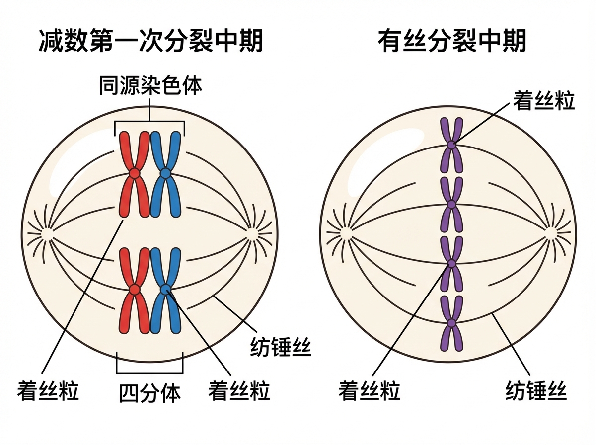 图中展示了两幅对比生物学细胞分裂过程的示意图，背景为纯白色。左侧图示标注为「减数第一次分裂中期」，圆形细胞内展示了两对同源染色体（红色和蓝色）排列在赤道板两侧，形成四分体结构，并标注了着丝粒和纺锤丝。右侧图示标注为「有丝分裂中期」，细胞内的四个紫色染色体整齐地排在赤道板中央的一条直线上。两图均用放射状线条表示从两极发出的纺锤丝。

作为 AI 生成的图片，画面中存在明显的逻辑和绘图缺陷：左图中「着丝粒」的指示线指向了染色体的单体臂而非中心连接处；「四分体」的括号标注范围含糊，未能准确框选一对同源染色体。右图中，纺锤丝的连接方式不符合生物学事实，线条杂乱且未准确连接到每个染色体的着丝粒上。此外，部分文字排版略显生硬，线条粗细不一，缺乏严谨的科学教材质感。