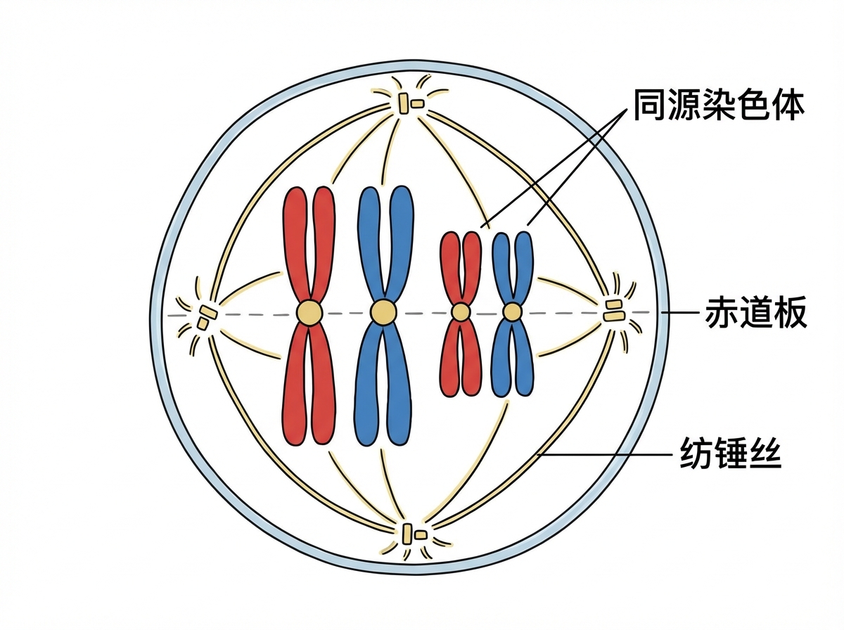 图中展示了一幅关于细胞有丝分裂中期的生物学示意图。在一个圆形的细胞轮廓内，四条染色体排列在中心的虚线（赤道板）上。染色体分为两组，每组包含一条红色和一条蓝色的染色体，形状像拉长的“X”。画面使用了简洁的线条和明快的填充色，右侧带有中文标注，包括“同源染色体”、“赤道板”和“纺锤丝”。

然而，作为一张 AI 生成的图片，画面存在明显的科学逻辑和构图缺陷。首先，纺锤体的结构非常混乱：正常的细胞分裂中，纺锤丝应从南北两极发出，但图中在圆形的上下左右四个方向都出现了中心体和放射状线条，导致纺锤丝的指向逻辑错误。其次，标注线指向模糊，例如“同源染色体”的引线指向了并不对称的区域。此外，部分线条连接断裂，文字排版略显生硬，整体构图不符合严谨的生物教学规范。