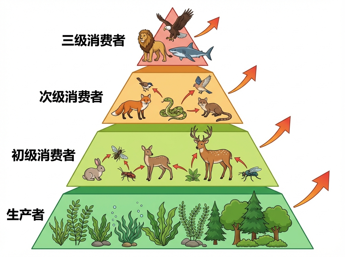 图中展示了一个关于生态系统能量金字塔的示意图，采用层级结构，从下往上分为四层，背景为纯白色。最底层是绿色的“生产者”，画有各种水草、灌木和树木；第二层是浅绿色的“初级消费者”，包含兔子、昆虫、小鹿和梅花鹿；第三层是橙黄色的“次级消费者”，有狐狸、蛇、猫科动物和鸟类；顶端红色三角形是“三级消费者”，绘有狮子、老鹰和鲨鱼。每层左侧都有对应的中文标注。画面中存在明显的 AI 生成缺陷：首先是生物逻辑混乱，例如鲨鱼出现在陆地顶端，且体型与狮子相近；其次，部分动物结构异常，如中间层最右侧的动物像是猫与狐狸的混合体，且肢体线条模糊；再者，层级间的红色箭头指向逻辑不明，部分箭头凭空出现或指向不合理。此外，文字虽然清晰，但整体构图略显生硬，部分植物的线条重复感较强。