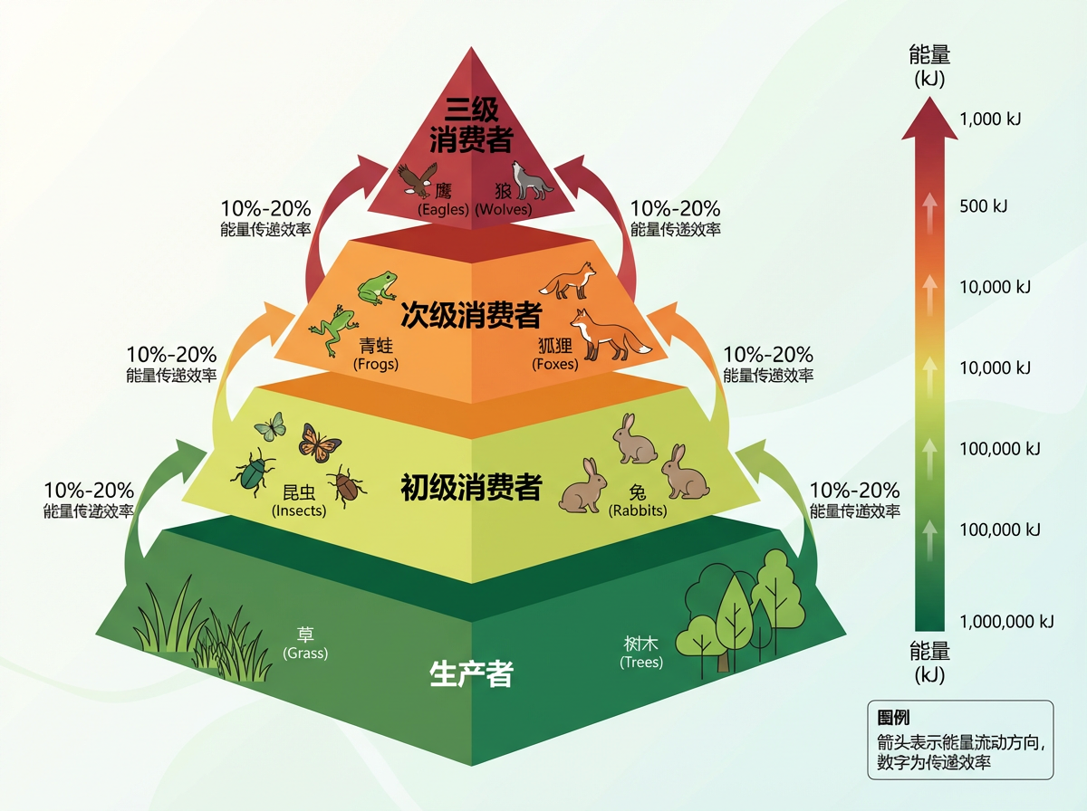 图中展示了一个关于生态系统能量金字塔的科普图表。金字塔由下至上分为四层，颜色从深绿色过渡到橙红色。底层是“生产者”，包含草和树木；第二层是“初级消费者”，有昆虫和兔子；第三层是“次级消费者”，有青蛙和狐狸；顶端是“三级消费者”，有鹰和狼。金字塔两侧有弧形箭头指向更高层级，标注着“10%-20%能量传递效率”。右侧有一个垂直的彩色能量条，标注了从1,000,000 kJ到1,000 kJ的数值变化。

画面中存在明显的 AI 生成缺陷和逻辑错误：首先，文字排版混乱，部分中文和英文标签重叠或位置偏移；其次，右侧能量条的数值逻辑完全错误，从下往上数值并非逐级递减，而是出现了重复（如两个10,000 kJ和两个100,000 kJ）且顺序混乱。此外，部分动物形象细节模糊，如左侧的青蛙和昆虫线条扭曲，狐狸的腿部结构也显得不够自然。