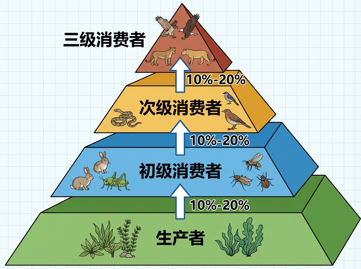 图中展示了一个关于生态系统能量金字塔的示意图，背景是淡蓝色的方格纸纹理。金字塔由下至上分为四层，颜色分别为绿色、蓝色、黄色和橙红色，每层之间有向上指的白色箭头，并标注着“10%-20%”的能量传递效率。底层是绿色的“生产者”，画有各类绿色植物；第二层是蓝色的“初级消费者”，画有兔子、蝗虫和蜂类昆虫；第三层是黄色的“次级消费者”，画有蛇和小型鸟类；顶层是橙红色的“三级消费者”，画有狮子和老鹰。

画面中存在明显的 AI 生成缺陷：首先，文字排版略显生硬，部分动物的形态不够自然，例如顶层的两只狮子体型比例与老鹰相近，且动作僵硬。其次，透视关系存在异常，金字塔的侧面厚度在不同层级间衔接不自然，尤其是最底层的绿色块右侧延伸过于突兀。此外，部分生物的细节模糊，如初级消费者层级的昆虫足部线条混乱，缺乏生物学准确性。