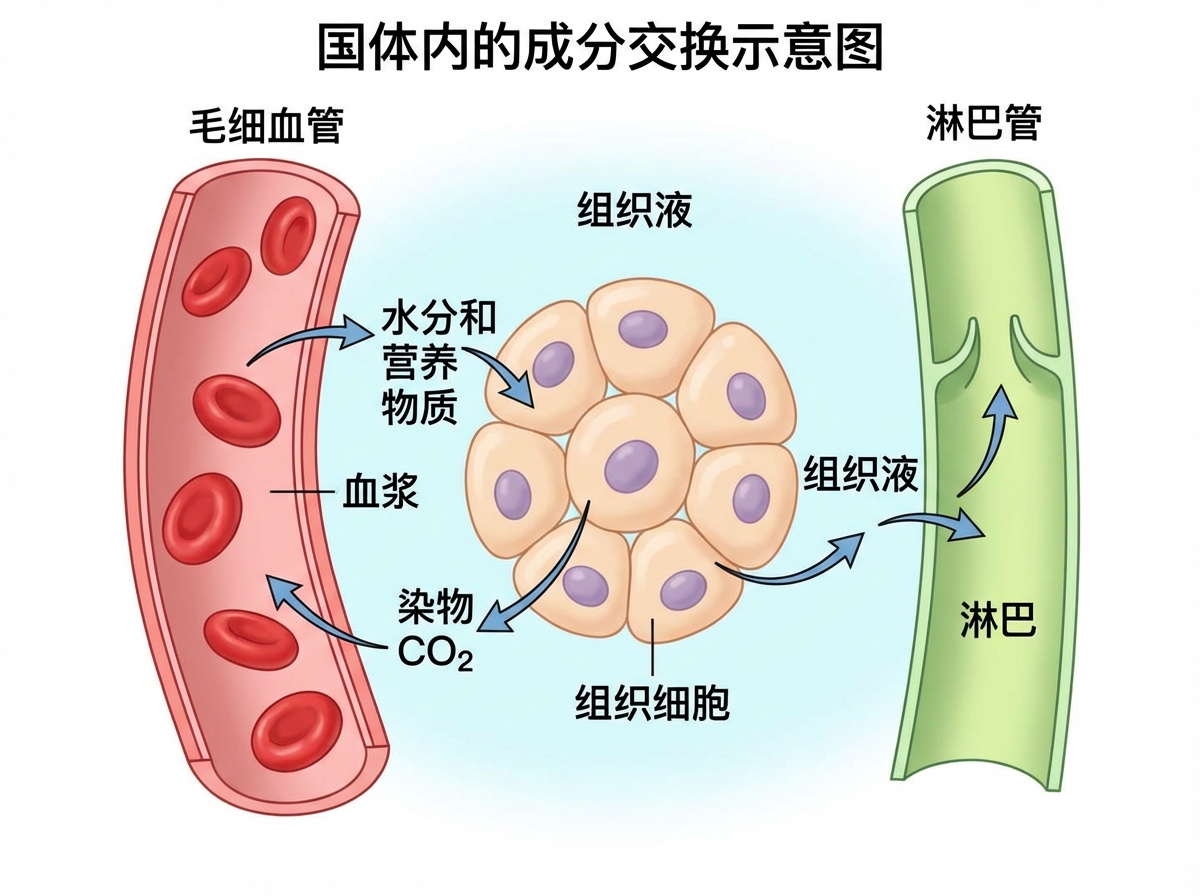 图中展示了一张关于人体内环境成分交换的生物示意图。画面背景为淡蓝色，构图分为左、中、右三个部分：左侧是红色的毛细血管，内部含有红细胞和血浆；中间是一组肉粉色的组织细胞，呈簇状排列；右侧是绿色的淋巴管。画面中通过蓝色箭头标示了物质流动的方向。然而，这张 AI 生成的图片存在明显的文字和逻辑错误。顶部的标题将“体内”误写为“国体内”；左侧箭头指向的文字本应是“废物”，却被错误地写成了“染物”；此外，淋巴管内部的瓣膜结构表现得较为生硬，且文字排版略显拥挤。尽管色彩鲜明、结构清晰，但这些文字上的硬伤使其无法作为准确的教学素材使用。