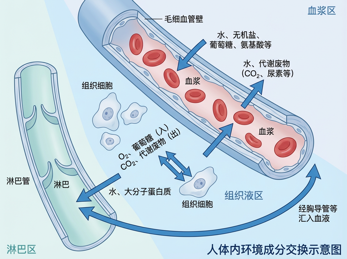 图中展示了一幅关于人体内环境成分交换的生物学示意图。画面采用淡蓝色背景，主要由三部分组成：右上方的毛细血管、左侧的淋巴管以及中间的组织细胞。毛细血管呈圆柱状剖开，内部可见红色的圆盘状红细胞漂浮在粉色的血浆中；淋巴管则呈淡绿色。多个蓝色箭头标示了水分、营养物质（如葡萄糖、氨基酸）和代谢废物（如二氧化碳、尿素）在血浆、组织液和淋巴之间的流动方向。画面中配有详细的中文标注，如“毛细血管壁”、“组织细胞”等。

作为一张 AI 生成的科普图，画面存在明显的逻辑和视觉缺陷：首先，文字虽然清晰，但部分排版显得拥挤且不规范；其次，左侧淋巴管内部的瓣膜结构表现模糊，形状扭曲，不符合真实的解剖结构；中间的组织细胞形状过于随意，且与箭头的连接处透视关系混乱，显得漂浮不定；此外，血管壁的厚度表现不均，部分线条出现了断裂或重叠的现象。
