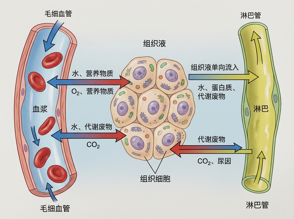 图中展示了一幅关于人体内环境物质交换的生物学示意图。画面左侧是一段红色的毛细血管，内部含有蓝色的血浆和数个红细胞；中间是一群紧密排列的淡黄色组织细胞，细胞核呈紫色；右侧是一段绿黄色的淋巴管。画面通过大量的双向或单向箭头标注了水、营养物质、氧气、二氧化碳及代谢废物的流动方向。整体色调明亮，采用科学插画风格。作为 AI 生成的图片，其缺陷较为明显：文字标注虽然使用了中文，但逻辑存在多处错误，例如右下角本应描述组织液进入淋巴管的单向流动，却错误地画成了双向箭头，并标注了“CO2、尿因”等含义不明或错误的词汇；部分箭头的指向与文字描述的物质交换逻辑不符，且细胞内部的细胞器结构表现得较为模糊且不规范，不适合作为严谨的教学参考。