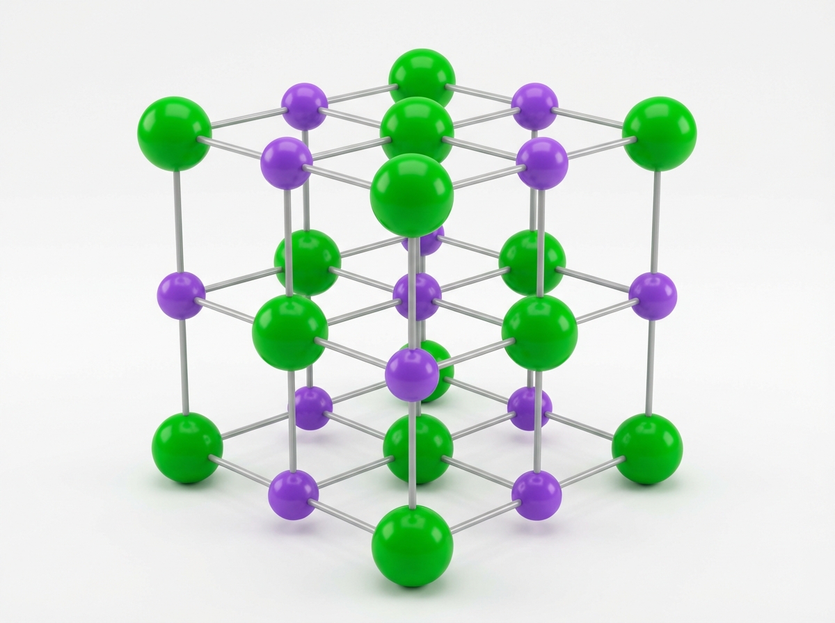 画面中展示了一个模拟晶体结构的立方体模型，背景为纯净的白色。该模型由许多彩色圆球和细长的灰色连接杆组成，呈现出一种三维网格效果。圆球分为两种颜色：亮绿色和淡紫色，它们交替排列在网格的节点上，绿色圆球的体积明显大于紫色圆球，表面带有平滑的高光反射，质感类似塑料或金属。

从 AI 生成的角度观察，画面存在明显的逻辑和透视缺陷。首先，立方体结构的几何对称性不严谨，部分灰色连接杆的粗细不一，且在空间交汇处出现了透视扭曲。最显著的问题在于连接杆的逻辑错误：在立方体中心区域，一些杆件并没有准确地连接在圆球的球心，而是悬空或错位穿过。此外，部分圆球的阴影投射与光源方向不完全一致，导致整体空间感显得有些生硬和不自然。