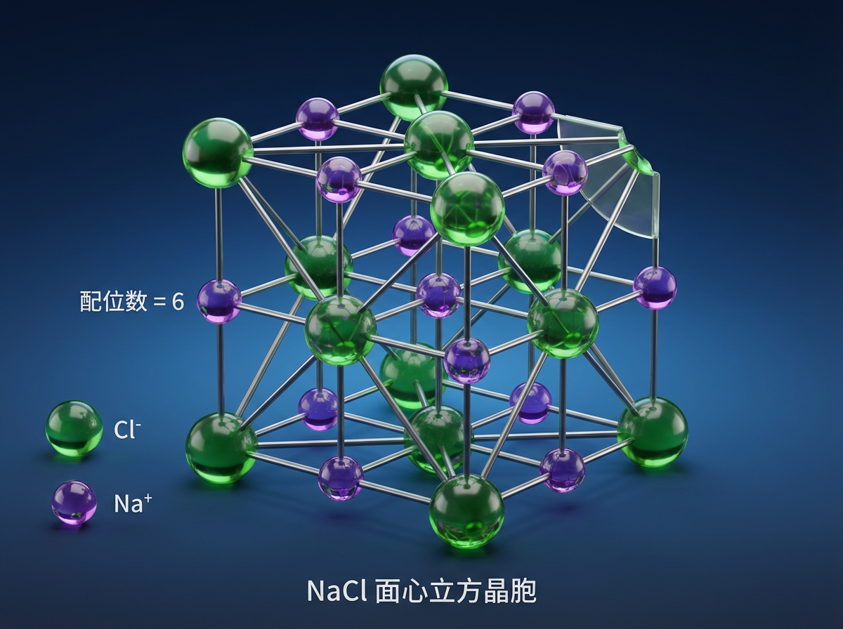 图中展示了一个氯化钠（NaCl）面心立方晶胞的 3D 模拟模型，背景为深蓝色渐变。模型由许多透明质感的绿色大球（代表氯离子 Cl⁻）和紫色小球（代表钠离子 Na⁺）组成，球体之间通过银色的金属质感细杆连接。左侧有中文标注说明配位数为 6，并展示了两种离子的图例，底部写有“NaCl 面心立方晶胞”字样。整体构图呈现出一种科学实验般的精致感，光影效果柔和。

然而，画面中存在明显的 AI 生成缺陷：首先，晶胞的几何结构逻辑混乱，连接杆的排布并不符合真实的面心立方结构，出现了许多多余的对角线连接，导致内部线条交错复杂。其次，右上角的一个绿色球体出现了严重的形变，呈现出破碎的片状透明质感，且与连接杆的衔接完全断裂。此外，部分球体与细杆的连接点位置偏移，透视关系显得不自然。