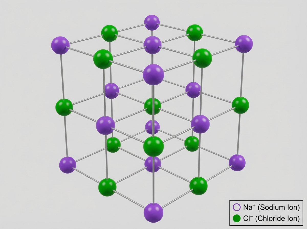 图中展示了一个氯化钠（食盐）晶体结构的 3D 模拟模型，背景为纯净的浅灰色。画面中央是一个由紫色和绿色圆球交替排列组成的立方体点阵，圆球之间由细长的灰色线条连接，代表化学键。右下角有一个图例框，标明紫色圆球为钠离子（Na⁺），绿色圆球为氯离子（Cl⁻）。整体构图居中，光影柔和，呈现出一种科学教材的视觉风格。

然而，作为 AI 生成的图像，该模型存在明显的科学逻辑和透视缺陷。首先，晶体结构逻辑混乱，紫色和绿色球体的交替规律不严谨，部分连接处出现了三种颜色的球体共线或连接断开的情况。其次，空间透视异常，部分灰色连接线没有准确对准球心，甚至出现了线条凭空消失或穿插错误的现象。此外，图例中的文字虽然清晰，但紫色圆圈的边缘有轻微的锯齿感，且模型整体的几何对称性并不完美。