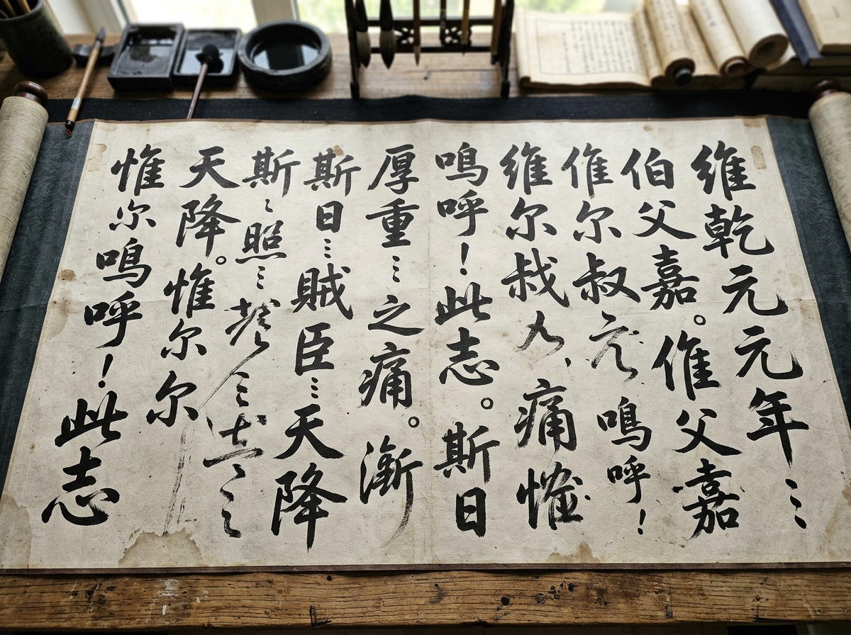 图中展示了一张铺在木质书案上的书法横幅长卷，营造出一种古色古香的书斋氛围。画面中心是一张泛黄且带有水渍陈旧感的宣纸，上面写满了黑色的行草书法字体。背景中可以看到笔架、墨砚、毛笔以及堆叠的古籍卷轴，整体色调以古朴的木色、墨黑和纸张的米黄色为主。

然而，画面中存在明显的 AI 生成缺陷。首先是文字内容逻辑混乱，虽然单个汉字如“维”、“乾”、“元”等清晰可见，但组合在一起并无实际意义，且出现了大量无法辨认的臆造字符和扭曲的笔画。其次，透视和空间关系存在异常：背景中的笔架结构模糊，毛笔的笔杆与架子的连接处显得生硬且不合常理；右侧卷轴的边缘线条模糊，与桌面的接触面缺乏真实的阴影过渡。此外，纸张左侧的部分字迹出现了杂乱的涂抹感，像是墨水无序晕染，失去了书法应有的章法。