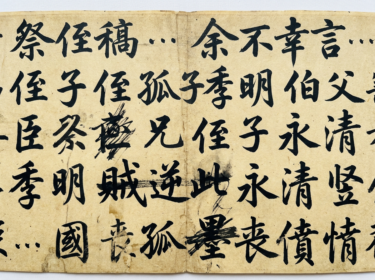 图中展示了一幅模仿中国古代书法手稿的画面。背景是带有褶皱和泛黄质感的旧纸张，中心有一条明显的垂直折痕。纸上布满了用黑色墨水书写的繁体汉字，书法风格介于行书与楷书之间，笔触粗犷。画面中包含了一些模拟真实手稿的细节，如涂改的墨团、干涩的笔画以及零星的墨渍。

然而，作为一张 AI 生成的图片，画面存在明显的逻辑与视觉缺陷：首先，文字内容虽然看起来像汉字，但大多是无意义的堆砌或结构错误的“伪汉字”，无法组成通顺的语句。其次，部分字迹的笔画交叠处显得非常生硬，缺乏毛笔书写的自然韵律。最明显的 AI 痕迹在于文字的排版，行与行之间的间距不一，且部分文字在折痕处发生了不自然的扭曲或断裂，甚至有些墨迹像是直接漂浮在纸张纹理之上，缺乏真实的渗透感。此外，画面边缘的文字被生硬地切断，构图显得较为局促。