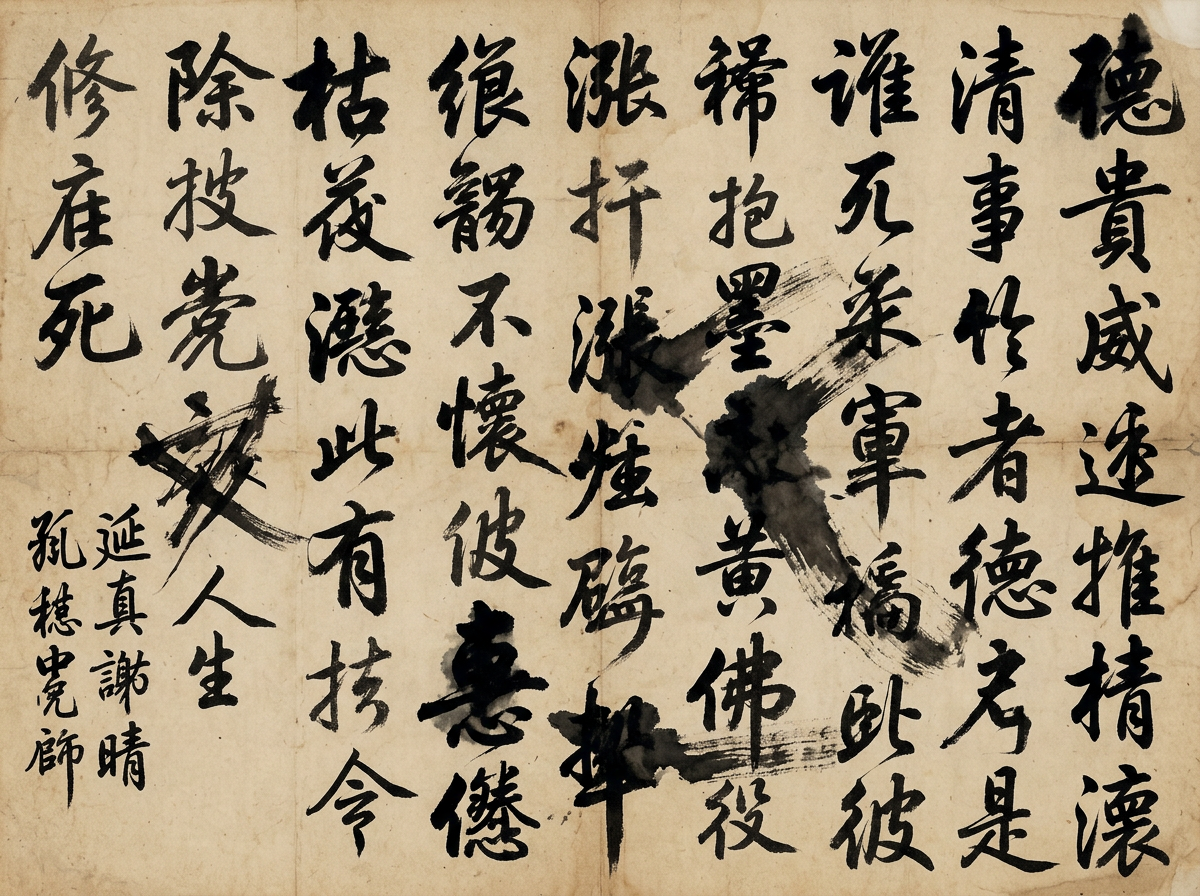 图中展示了一幅模仿中国古代书法手稿的画面。背景是带有褶皱、污渍和泛黄质感的古旧纸张，呈现出一种沧桑的历史感。画面上排列着多列繁体中文字符，书法风格介于行书与草书之间，笔触浓重，墨色深浅不一。在画面的中右部和左下部，有几处明显的黑色墨迹涂抹和交叉的划线，似乎在模仿修改草稿时的痕迹。

然而，作为 AI 生成的图像，画面存在明显的逻辑缺陷：首先，文字内容完全无法通读，大部分字符是随机拼凑的“伪汉字”，结构扭曲且不符合任何真实的汉字造字规律；其次，书法线条缺乏真实的运笔逻辑，部分笔画断裂或生硬地重叠；最后，画面左下角的落款处，文字堆叠混乱，无法辨认出有效的姓名或印章信息。整体而言，这只是一张视觉上模仿书法形式，但内容完全失真的生成图像。