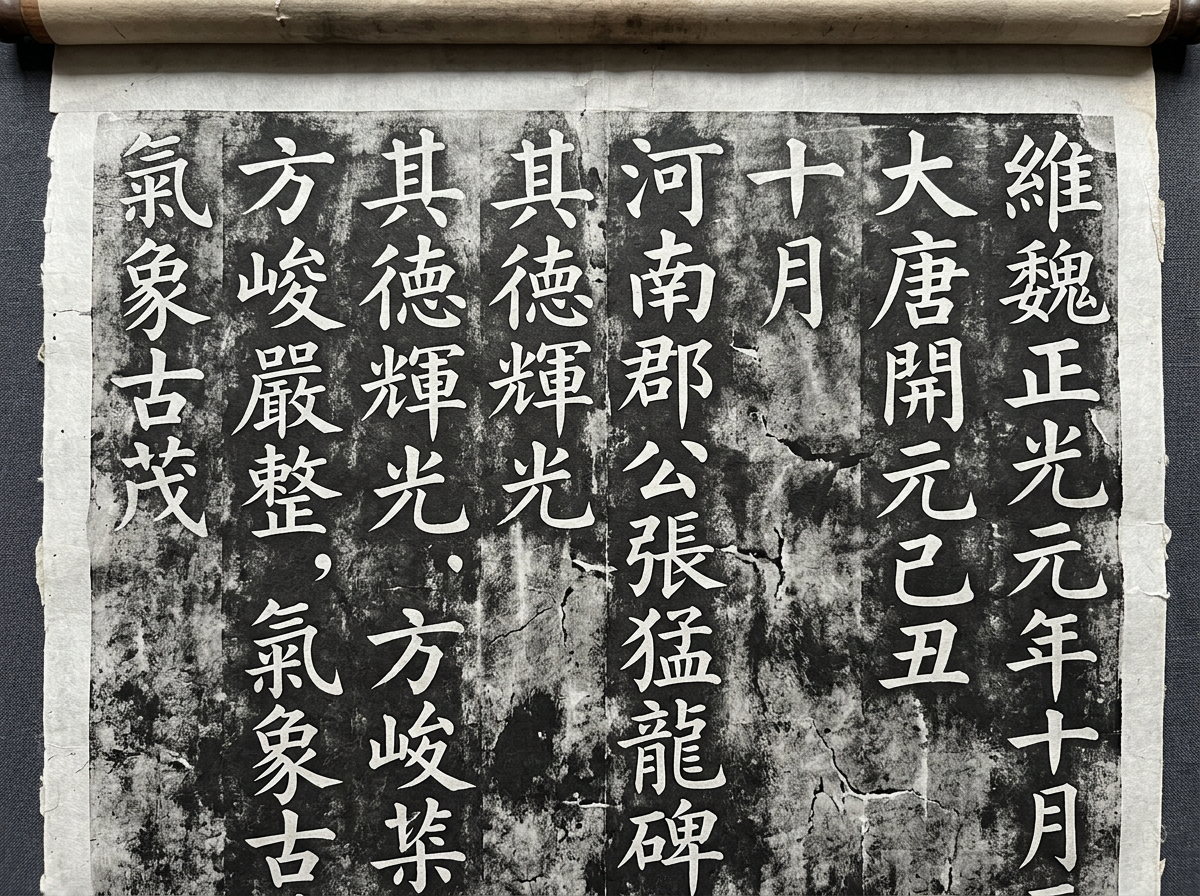 图中展示了一幅模拟中国古代书法碑帖拓片的卷轴局部。画面以黑白对比为主，背景呈现出斑驳、带有裂纹的黑色拓印质感，文字则为白色，模仿了石刻拓印的效果。书法风格带有明显的魏碑特征，笔画方劲有力。卷轴上方露出了一部分棕色的木质轴杆，纸张边缘显得有些粗糙和泛黄，营造出一种历史厚重感。

然而，画面中存在明显的 AI 生成逻辑错误。最显著的问题在于文字内容的混乱与重复：第三列和第四列完全重复了「其德辉光」四字；最后一列出现了「大唐开元」字样，但第一列却写着「维魏正光元年」，将唐代与北魏两个相差数百年的年号混杂在一起。此外，部分文字如「张猛龙碑」的排列与原碑不符，且画面左侧的文字出现了重叠和逻辑断裂。整体构图虽然模拟了古籍的视觉风格，但文字内容缺乏真实的历史逻辑。