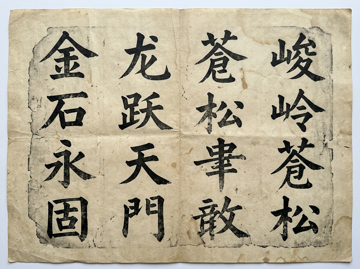 图中展示了一张仿古风格的书法作品，纸张呈现出陈旧的土黄色，带有明显的折痕、污渍和边缘磨损感，营造出一种历经岁月的古籍质感。画面中心排列着四行黑色的楷书大字，每行四个字，笔触厚重。从右向左依次可以辨认出“峻岭苍松”、“苍松...敢”、“龙跃天门”和“金石永固”等字样。

作为一张 AI 生成的图片，画面存在明显的逻辑和文字缺陷：首先，文字内容缺乏连贯的文学意义，部分汉字结构生造或扭曲，例如第三列的第三个字像是“丰”与“串”的错误结合，第四个字结构模糊；其次，文字的排列并不工整，笔画边缘有不自然的晕染和断裂；此外，纸张上的折痕与文字的墨迹叠加关系不符合物理规律，折痕处的文字没有相应的位移或磨损，显示出明显的后期合成痕迹。整体构图虽然模仿了碑帖拓片，但细节上的文字错误揭示了其 AI 生成的本质。