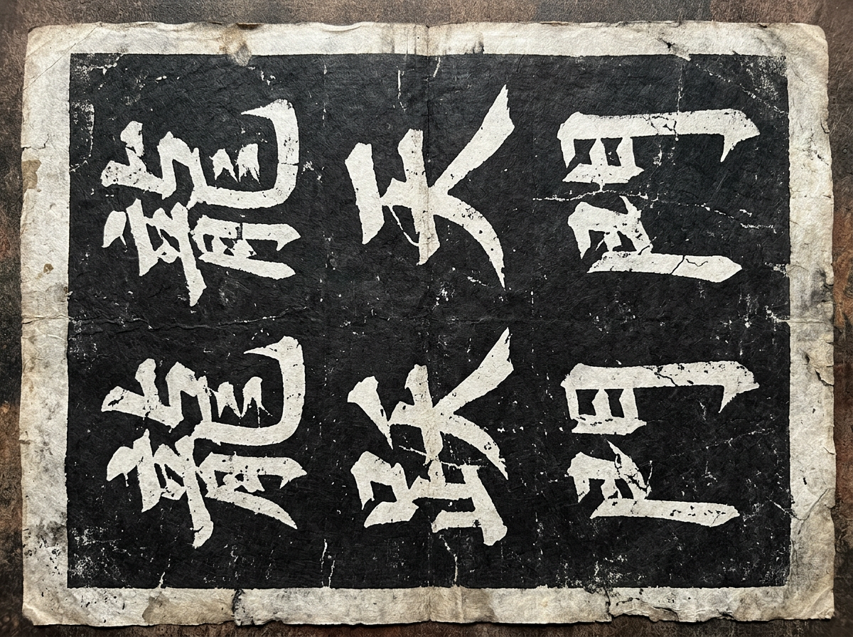 图中展示了一张具有古旧质感的书法拓片，整体呈现黑底白字的视觉效果。画面中心是一张边缘破损、带有褶皱的浅灰色粗糙纸张，纸张中央有一个黑色矩形区域，其上分布着两排白色的书法字体。这些字体风格接近魏碑或楷书，笔画雄健有力，带有明显的斑驳脱落感，模拟了石刻拓印的沧桑效果。背景是深褐色的木质或皮革纹理，衬托出拓片的陈旧感。

在 AI 生成的细节方面，画面存在明显的逻辑缺陷：首先，文字内容并非真实的汉字，而是由类似汉字偏旁部首随机组合而成的“伪汉字”，无法识别具体含义；其次，上下两排文字虽然看起来相似，但并非完全一致的镜像或重复，笔画结构存在随意的变形；此外，纸张边缘的破损痕迹和折痕在透视上略显生硬，黑色背景与白色文字的交界处有些地方过于锐利，缺乏自然拓印的墨迹晕染感。