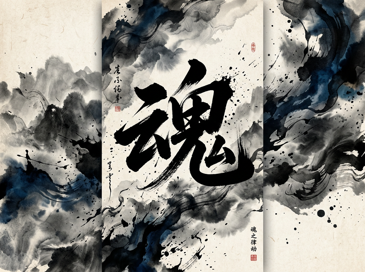 图中展示了一幅极具视觉冲击力的水墨风格艺术作品，由三块竖向拼接的画面组成。中心位置是一个巨大的黑色书法字体“魂”，笔触苍劲有力，带有明显的飞白效果和墨汁溅射的动感。背景采用了传统水墨画的晕染技法，深蓝色与黑色的墨迹交织，如同翻滚的云雾或汹涌的海浪，营造出一种深邃且神秘的氛围。画面四周点缀着细小的墨点和几枚红色的印章，增添了古朴的艺术气息。在 AI 生成的细节方面，画面左侧和右侧的文字落款显得模糊不清，并非真实的汉字，而是由无意义的线条组成的模拟字符；同时，背景墨迹的流动感在三块拼接处存在细微的断层，透视关系略显平面化，缺乏真实宣纸渗透的自然肌理感。总体而言，这幅画作通过强烈的色彩对比和奔放的构图，传达出一种震撼人心的力量感。