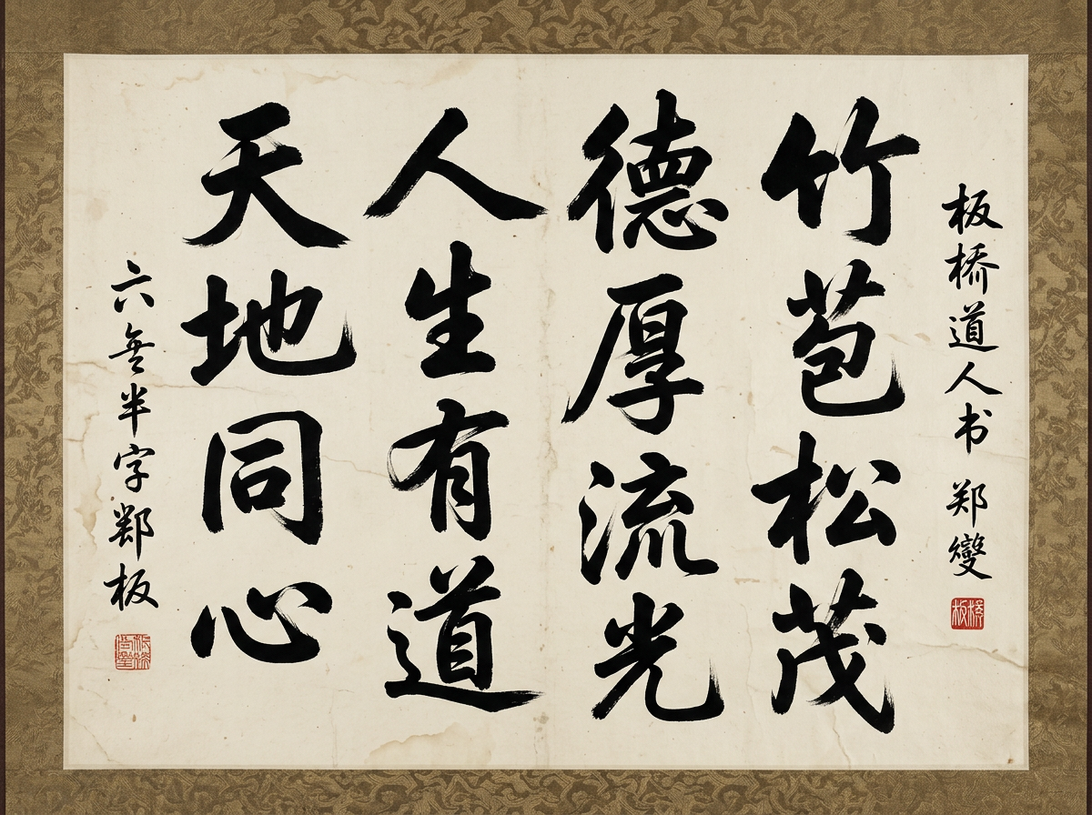 图中展示了一幅模拟中国传统书法横幅的作品。画面中心是米白色的宣纸质感，四周带有深褐色的锦缎花纹边框。纸上用浓重的黑墨书写了四行大字，从右至左排列，书法风格试图模仿清代名家郑板桥的“六分半书”，笔画粗细对比强烈。右侧落款为“板桥道人书 郑燮”，左侧落款为“六分半字郑板”，并配有红色的仿制印章。

然而，作为一张 AI 生成的图片，画面中存在明显的文字和逻辑缺陷。首先，大字内容虽然看起来像古诗词，但字形扭曲且存在大量错别字或臆造字，例如“竹”字下方的字符结构混乱，无法准确辨识。其次，文字的排列逻辑不通，左右落款中的“郑燮”和“郑板”字迹生硬，且“板桥”二字在印章和落款中多次出现，显得重复累赘。此外，纸张边缘的折痕和污渍分布过于均匀，缺乏真实古籍的自然感，边框的纹理在衔接处也略显生硬，体现了典型的 AI 拼凑痕迹。