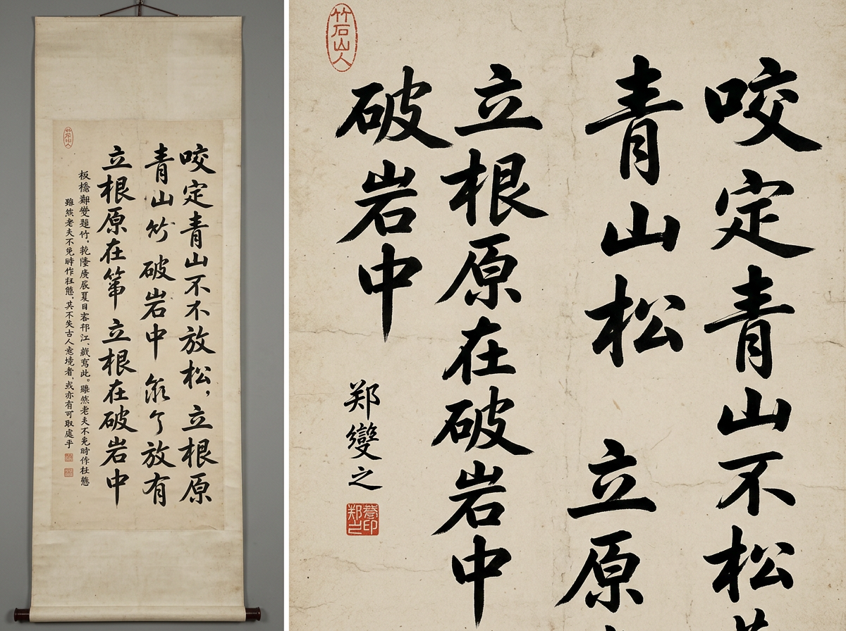 图中展示了一幅模仿中国传统书法挂轴的图像，左侧为挂在灰色墙面上的长条形卷轴全景，右侧为局部文字的放大细节。纸张呈现出古旧的米黄色，带有细微的褶皱纹理。书法采用行楷字体，墨色浓郁。内容试图模仿郑燮（郑板桥）的《竹石》，但存在明显的 AI 生成缺陷。

画面中的文字逻辑混乱且多处错误：原本著名的诗句“咬定青山不放松，立根原在破岩中”被错误地组合，出现了“青山松”、“立根原在第”等无意义的词组。右侧放大图中，文字排列重叠且笔画断裂，如“破”字和“岩”字的结构扭曲。落款处的“郑燮之”字迹生硬，下方的红色印章边缘模糊，内部文字无法辨识。此外，左侧全景中左下角的小字说明部分，文字结构崩坏，变成了无意义的线条堆砌，完全失去了汉字的形体。整体构图虽然模拟了古画神韵，但细节处的文字错误是典型的 AI 幻觉产物。