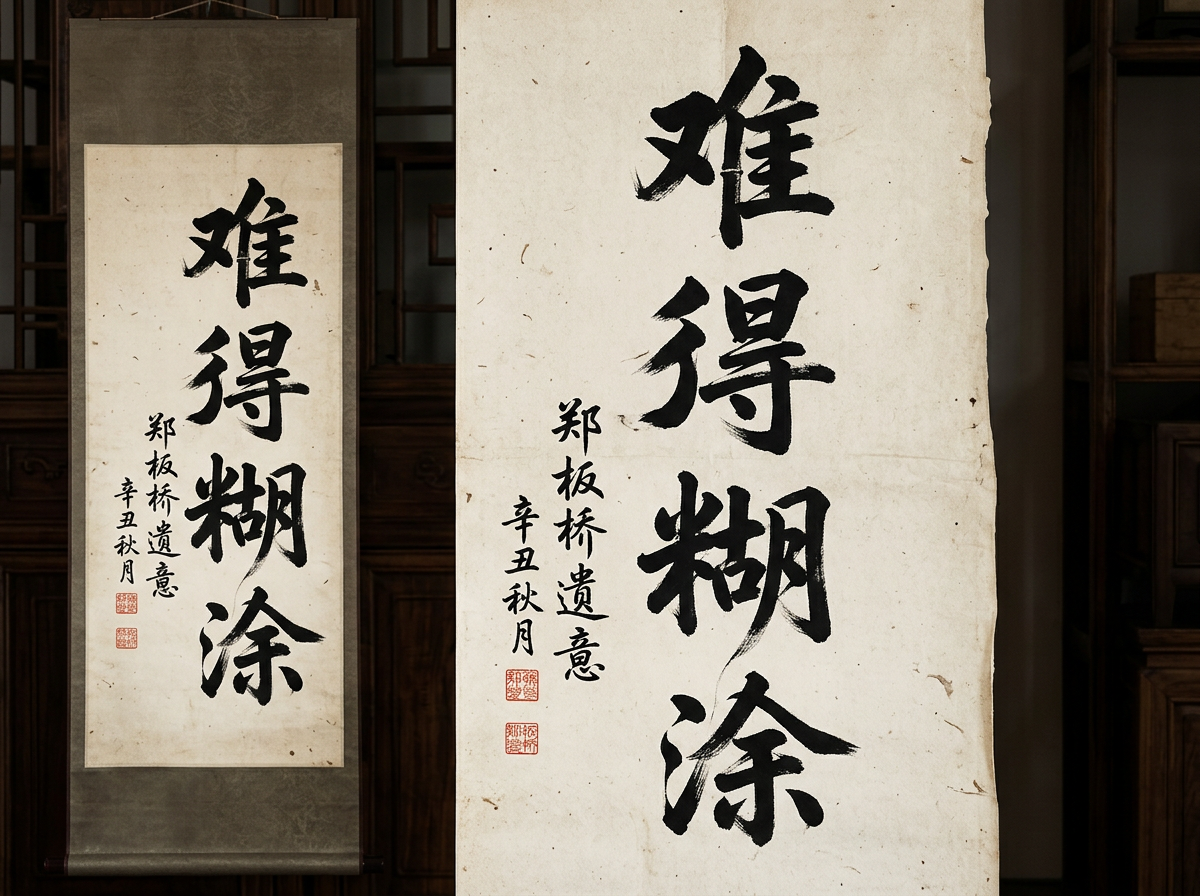 图中展示了两幅并排呈现的书法作品，背景是古色古香的深色木质博古架。左侧是一幅完整的立轴挂轴，青灰色的装裱包裹着米白色的宣纸；右侧则是该书法的局部放大特写，纸张边缘呈现出自然的毛边质感。书法内容为行草体书写的“难得糊涂”四个大字，笔触苍劲有力，墨色浓郁。大字左侧附有小字落款，写着“郑板桥遗意”及年份。画面整体色调沉稳，呈现出浓厚的中国传统文化氛围。

然而，作为 AI 生成的图片，画面中存在明显的文字和逻辑缺陷。首先，书法字体虽然形似，但部分笔画结构生硬，不符合真实毛笔书法的运笔逻辑。最明显的错误在于落款文字：“郑板桥”的“板”字结构异常，且下方的“辛丑秋月”中，“辛”字多了一横，变成了错误的字符。此外，左下角的两枚红色印章纹路模糊乱码，完全无法辨认具体的篆刻文字，这是 AI 在处理精细印章元素时常见的失真现象。