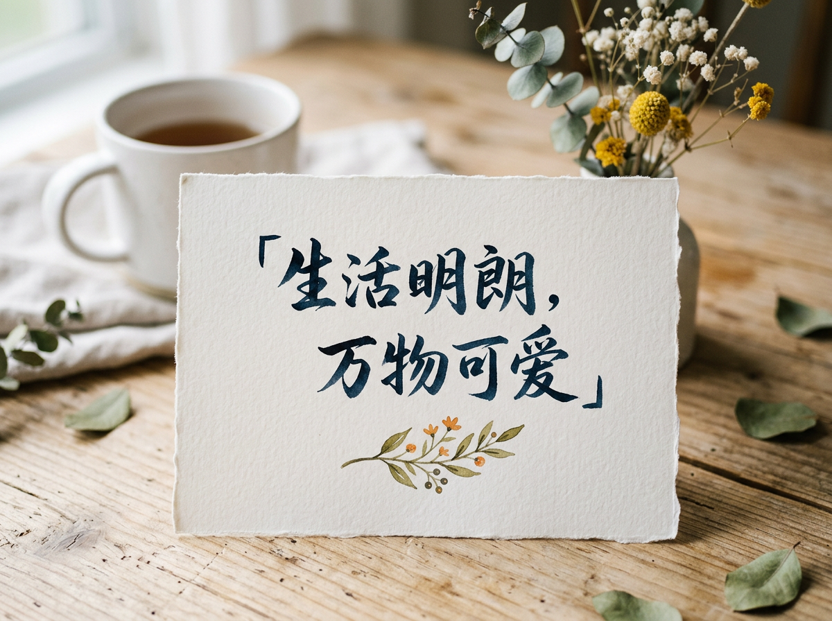 图中展现了一个温馨、文艺的室内桌面场景。画面的中心是一张带有毛边质感的米白色手写卡片，上面用深蓝色的毛笔书法字体写着「生活明朗，万物可爱」八个汉字，文字下方点缀着一枝简约的水彩花草绘图。卡片立在纹理清晰的浅色实木桌面上，背景呈现出柔和的虚化效果。左后方放着一个盛有褐色液体的白色陶瓷杯，杯下垫着一块浅灰色棉麻布；右后方则是一个插着尤加利叶和黄色小干花的白色小花瓶。整体色调清新自然，光线明亮。在 AI 生成的细节方面，卡片上的汉字结构基本正确，但部分笔画末梢略显生硬，缺乏真实书法的自然墨韵；此外，背景中花瓶里的植物枝干连接处略显模糊，与真实植物的生长逻辑稍有出入。