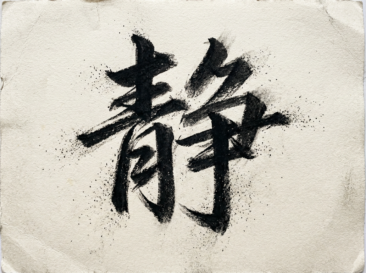 图中展示了一张具有复古质感的米白色旧纸张，纸张中心是一个黑色的书法风格汉字。这个字试图表达“静”字，笔触粗犷，带有明显的墨水喷溅和干笔皴擦的效果，呈现出一种苍劲有力的视觉冲击感。背景纸张边缘有轻微的磨损和褶皱纹理，增添了历史感。

然而，作为一张 AI 生成的图片，画面中存在明显的文字结构错误。这个“静”字并不符合标准的汉字书写规范：左半部分的“青”字下半部结构模糊，笔画粘连；右半部分的“争”字则完全变形，笔画交错混乱，看起来更像是随机组合的线条而非真实的汉字笔画。此外，墨迹的喷溅分布过于均匀且带有数字生成的颗粒感，缺乏真实毛笔书写时墨汁自然渗化的层次感。整体构图居中，虽然意境深远，但文字本身的逻辑缺陷是其主要的 AI 痕迹。