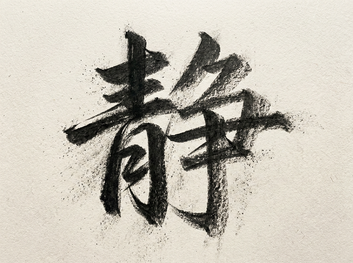 图中展示了一个在米白色粗糙纸张背景上的黑色书法字体。这个字看起来像是汉字“静”，采用了狂草或写意风格，笔触粗犷且带有明显的飞白效果，墨色浓淡不一，周围散布着细小的墨点。构图居中，黑色的墨迹与浅色的纸张形成鲜明对比。然而，画面中存在明显的 AI 生成缺陷：这个字并非标准的汉字，而是由类似汉字笔画的线条拼凑而成的“伪汉字”。左侧部分试图模仿“青”字，但笔画交错混乱，下方的“月”部结构扭曲；右侧部分则完全背离了“争”字的构造，笔画断裂且逻辑不明。整体看起来更像是一幅模仿书法质感的抽象画，而非具有实际含义的文字，体现了 AI 在处理复杂汉字结构时的局限性。