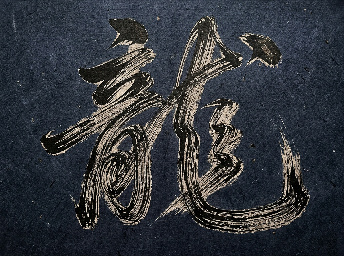 画面中展示了一幅极具动感的书法作品，背景是深蓝色的粗糙纤维纸张，质感厚重。画面中央是一个巨大的繁体“龍”字，采用草书风格书写，笔触苍劲有力，带有明显的枯笔飞白效果，仿佛毛笔在纸上疾驰而过留下的痕迹。字体的颜色由浓黑与浅灰色的笔锋交织而成，呈现出一种立体感。构图上，字体占据了画面的绝大部分，气势磅礴。然而，作为 AI 生成的图像，这幅画存在明显的逻辑缺陷：这个“龍”字的结构并不符合标准书法规范，左侧的“立”部和“月”部被简化成了杂乱的螺旋线圈，右侧的“龙”部线条也显得支离破碎，缺乏真实的运笔逻辑。此外，字体的上方和右侧出现了几处孤立的、像墨点又像碎纸片的黑色色块，与主体的连接十分生硬，属于典型的 AI 生成伪影。