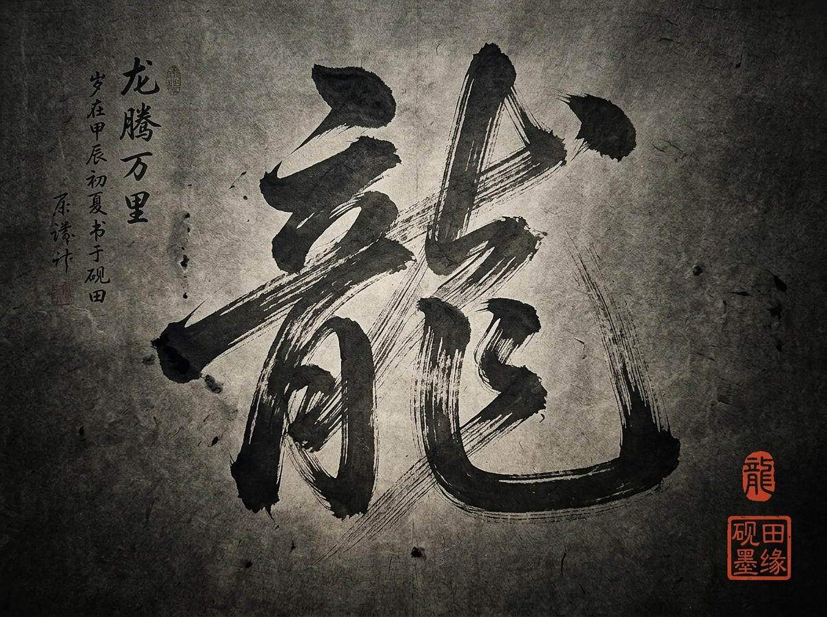 图中展示了一幅极具视觉冲击力的中国书法作品，背景是带有粗糙纤维质感的暗灰色仿古宣纸，呈现出一种深沉、古朴的意境。画面中央是一个巨大的草书“龙”字，墨色浓郁，笔触苍劲有力，飞白效果明显，展现出龙腾虎跃的气势。左侧配有几行较小的行书落款，并盖有红色的印章。右下角也有两枚醒目的红色篆刻印章，为冷色调的画面增添了点睛之笔。

然而，作为 AI 生成的图像，画面中存在明显的文字逻辑错误。左侧的落款文字虽然看起来像汉字，但仔细观察会发现其中包含许多无法辨认的“伪汉字”，笔画结构混乱，不符合真实的中文书写规范。中央的大字“龙”虽然形似，但在草书架构上略显生硬，部分笔画的交叠逻辑不够自然。此外，背景的纸张纹理在边缘处显得过于均匀，缺乏真实宣纸自然老化的随机感。