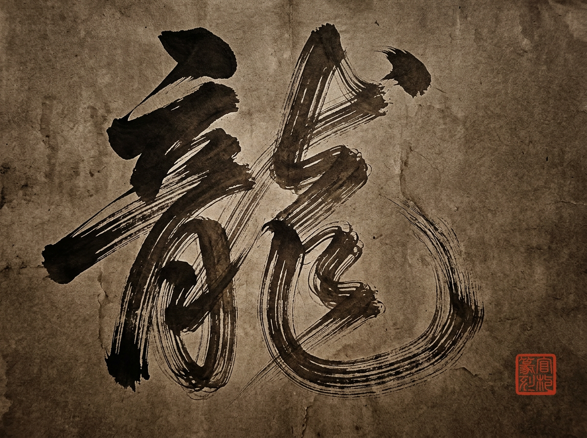 图中展示了一幅模仿中国传统书法艺术的作品。背景是具有古旧质感的深褐色宣纸，纸面带有明显的褶皱、斑驳纹理和不均匀的色块，营造出一种历史沧桑感。画面的主体是一个巨大的黑色毛笔书法字，其形态试图模仿繁体中文的“龍”字。笔触粗犷有力，带有明显的枯笔飞白效果，展现出一种狂草的奔放气势。在画面的右下角，有一个红色的方形仿篆刻印章，为构图增添了传统韵味。

然而，作为 AI 生成的图像，画面存在明显的逻辑缺陷：最核心的书法文字并非真实的汉字，其笔画结构混乱，虽然神似“龍”字，但拆解来看并不符合任何标准的汉字书写规范，属于典型的“伪汉字”。此外，右下角的红色印章内的文字也是杂乱无章的线条组合，无法辨认出具体的篆体字样，且印章的边缘过于整齐，与背景纸张的自然纹理略显脱节。