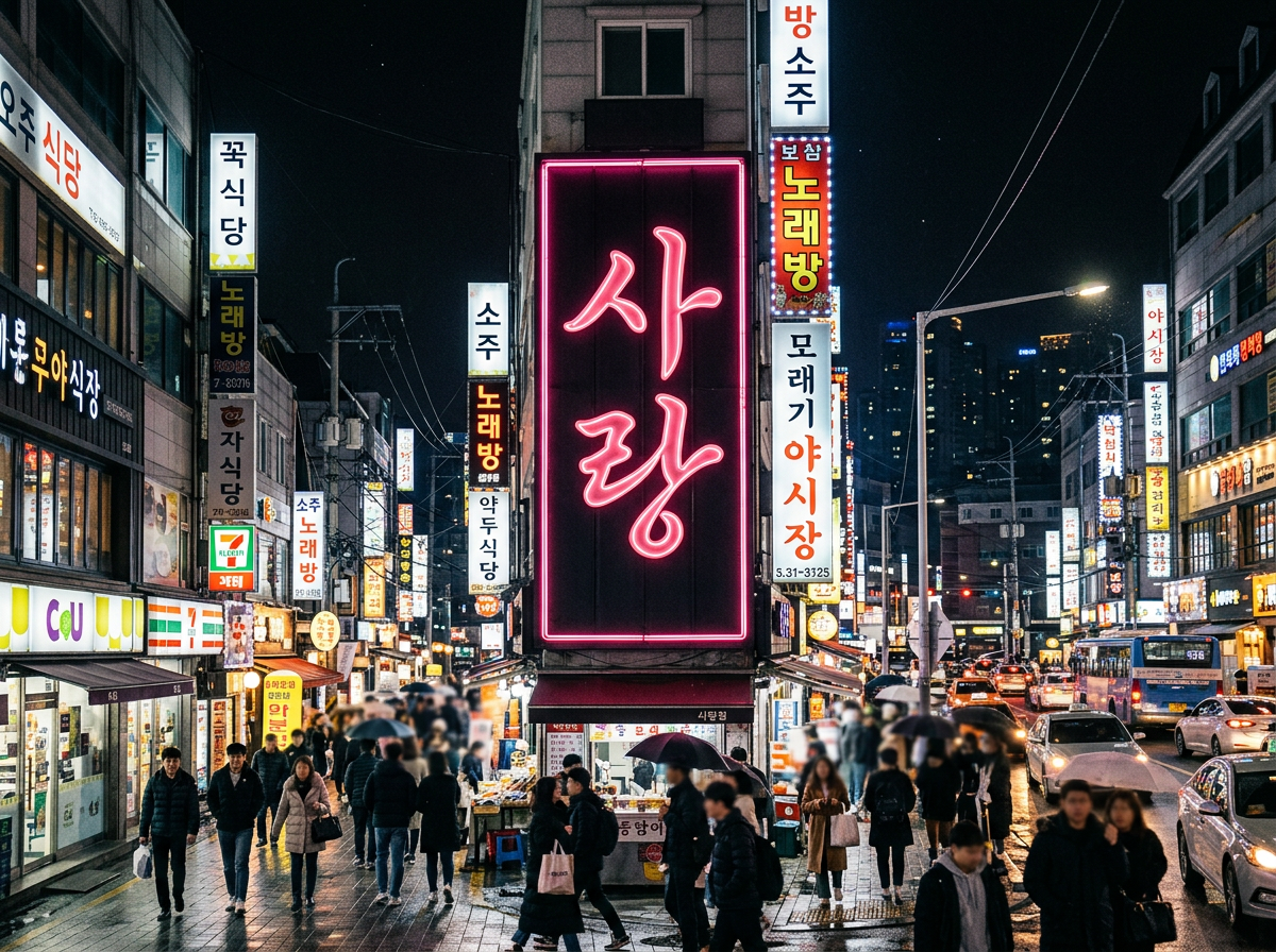 图中展示了一个繁华的韩国风格城市夜景，街道两旁挤满了各式各样的商店和发光的霓虹灯招牌。画面中心是一块巨大的粉红色霓虹灯牌，上面写着韩文“사랑”（意为“爱”），在黑夜中格外醒目。街道上人头攒动，行人们穿着深色的冬装，有的正撑着雨伞走过湿漉漉的地面。右侧的车道上有公交车和多辆轿车，车灯在夜色中闪烁。整体色调以冷色调的街道与暖色调的灯光形成对比，营造出一种热闹而略显拥挤的都市氛围。

在 AI 生成的细节方面，存在一些明显的逻辑错误：画面中许多韩文招牌的文字结构扭曲，并非真实的韩语词汇；左侧的便利店招牌结合了“7-Eleven”和“CU”的元素，但标志设计并不准确；远处背景中的建筑物窗户排列显得杂乱无章；部分行人的面部特征模糊不清，且身体比例在透视中显得有些失真。此外，电线杆上的电线分布逻辑混乱，呈现出一种超现实的杂乱感。