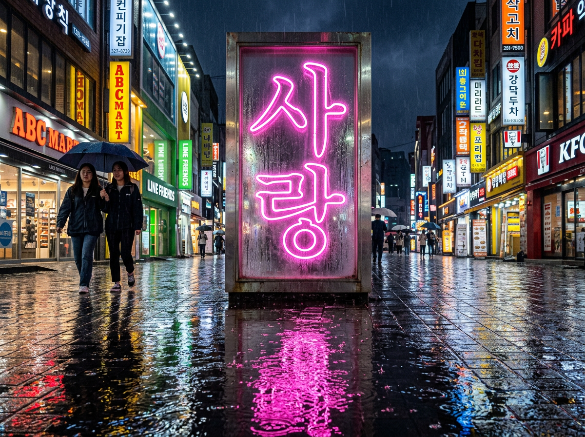 图中展现了一个雨夜里繁华的韩国商业街街景。画面中心是一个巨大的长方形发光灯箱，上面闪烁着粉红色的韩文霓虹灯，字样为“사랑”（意为“爱”），灯光在湿漉漉的地面上投射出绚丽的粉色倒影。街道两旁高楼林立，挂满了各式各样的彩色招牌，包括知名的 ABC-MART、LINE FRIENDS 和 KFC 等。左侧有两名年轻女性共撑一把黑伞并肩行走，背景中还有零星的行人。整体色调以冷调的深蓝夜色为主，与明亮的黄色、红色和粉色招牌形成鲜明对比，营造出一种赛博朋克般的都市氛围。

在 AI 生成细节方面，画面存在明显的逻辑与文字错误：灯箱上的韩文字形结构略显生硬，边缘有不自然的晕染；街道两侧的招牌文字大多是杂乱无意义的笔画堆砌，并非真实的韩文或英文；左侧两名女性的手部细节模糊，甚至出现了手指数量异常或融合的现象；此外，地面的积水倒影与上方建筑的灯光位置并不完全对应，透视关系略显混乱。