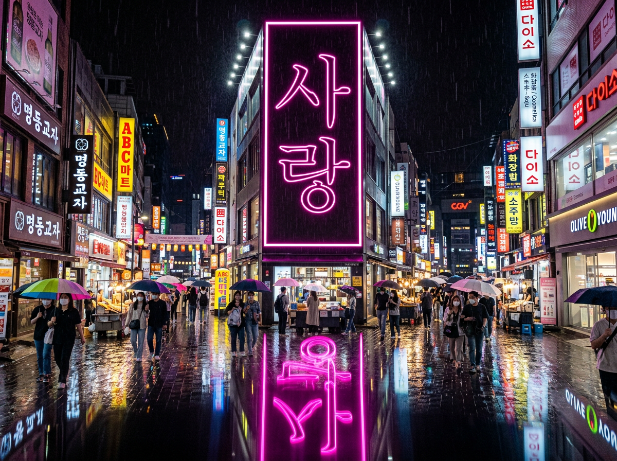 图中展现了一个雨夜里繁华的韩国商业街街景，整体色调深沉且充满霓虹感。画面中心是一栋转角建筑，其外墙悬挂着一块巨大的垂直粉色霓虹灯牌，上面写着韩文“사랑”（意为“爱”），明亮的粉色光芒倒映在湿漉漉的黑色路面上。街道两旁布满了密密麻麻的招牌，包含中文、韩文和英文，如“明洞饺子”、“ABC MART”和“OLIVE YOUNG”等。许多行人撑着五颜六色的雨伞在街上行走，地面反射着两侧店铺的暖黄色和白色灯光。

画面中存在明显的 AI 生成缺陷：首先，中心巨大的粉色霓虹灯牌在地面上的倒影出现了严重的逻辑错误，倒影中的韩文字符不仅形状扭曲，且排列顺序与实物不符，并未形成镜像。其次，街道两旁的许多小招牌文字模糊不清或由乱码组成。部分行人的身体结构略显僵硬，且雨伞的边缘与背景融合得不够自然，雨丝的线条在灯光处显得过于生硬且分布不均。