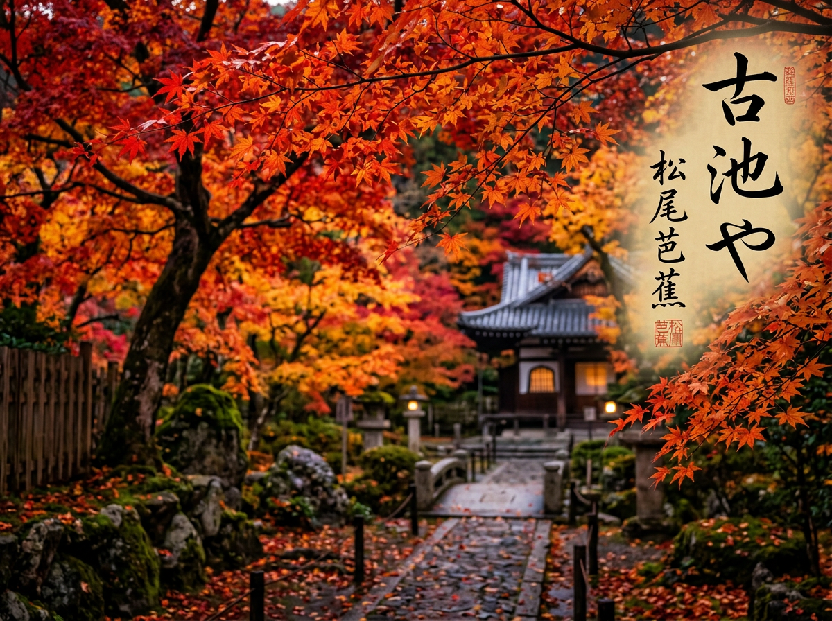 画面中展现了一幅充满禅意的日本秋季庭院景观。视觉焦点是漫山遍野、层层叠叠的红枫，色调由鲜红过渡到金橙，色彩极其浓郁。左侧有一棵苍劲的古树，树干布满青苔，下方是散落着红叶的石径小路。小路通向远方一座古朴的日式木造建筑，屋顶覆盖着深色瓦片，窗户透出温暖的微黄灯光。画面右侧上方有一块半透明的金色光晕区域，上面写着黑色的书法字体“古池や”以及“松尾芭蕉”的落款，并配有红色印章。构图上利用前景的枫叶枝条形成了自然的框架感，营造出深邃宁静的氛围。

在 AI 生成的细节方面，存在一些明显的逻辑缺陷：画面右侧的书法文字中，“古池や”的“や”字笔画结构略显生硬，不符合传统书法逻辑；背景建筑的结构在放大后显得模糊且透视关系不够严谨，部分瓦片的纹理走向有些混乱；此外，地面上的石块与落叶的融合感略显生硬，部分光影的投射方向与光源位置不完全一致。