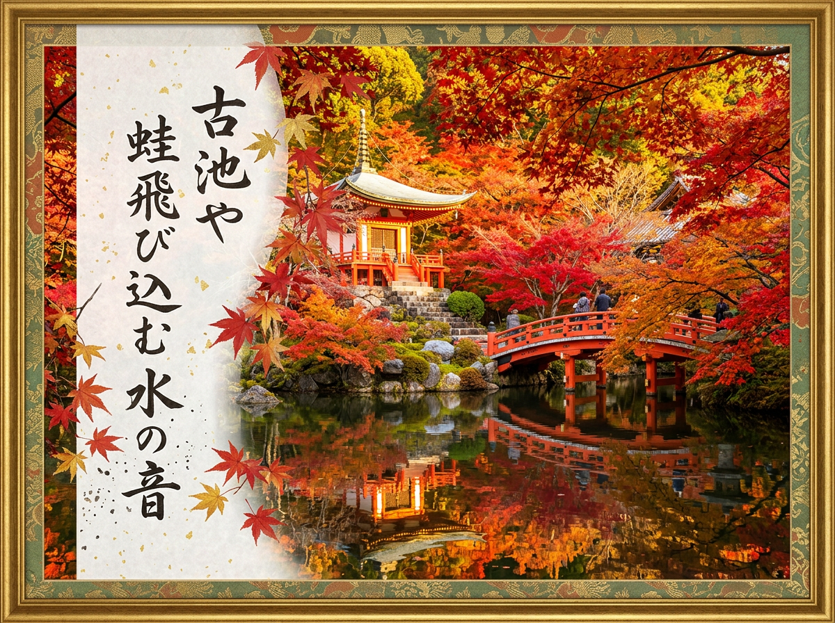 图中展示了一幅充满浓郁秋意的日式园林景观，整体色彩以鲜艳的枫红色、金黄色和翠绿色为主，呈现出如油画般绚烂的视觉效果。画面中心是一座红白相间的日式凉亭，坐落在层叠的石阶之上，周围环绕着茂密的红枫。右侧有一座朱红色的拱桥横跨在平静的池塘上，几名游客正行走其间。池水清晰地倒映出岸边的建筑与红叶，虚实相生。画面左侧叠加了一块带有金箔点缀的白色宣纸质感区域，上面书写着黑色的日文书法，四周点缀着几片飘落的枫叶。整张图片被一个精致的金色花纹边框包围。

在 AI 生成的细节方面，存在一些明显的逻辑缺陷：首先，左侧书法区域的枫叶与背景树木的衔接生硬，部分叶片看起来像是悬浮在半空。其次，池塘中的倒影与实景并不完全对应，尤其是拱桥下方的倒影结构显得杂乱且透视扭曲。此外，桥上的游客形象模糊，肢体线条不够清晰，远处的建筑细节也存在像素化的涂抹感，缺乏真实的建筑结构逻辑。