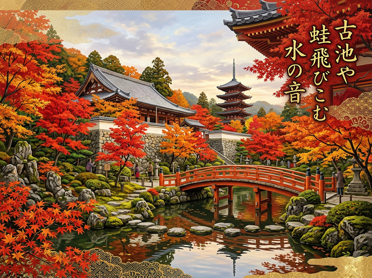 画面中描绘了一幅充满禅意的日本京都秋季庭院景观。视觉中心是一座朱红色的木制拱桥，横跨在静谧的池塘上，池水中倒映着岸边的红枫与远处的五重塔。庭院内遍布着色彩绚烂的枫树，呈现出火红、橙黄与金色的渐变。背景中坐落着传统的日式木造殿堂，青灰色的瓦顶在夕阳余晖下显得庄重。画面右侧竖排书写着松尾芭蕉著名的俳句「古池や蛙飛びこむ水の音」。整体色调温暖且富有层次感，四周点缀着金色的和风花纹边框。

在 AI 生成的细节方面，存在一些明显的逻辑缺陷：画面右侧的文字虽然笔画清晰，但部分汉字和假名的结构略显生硬，并非标准书法。池塘中的踏脚石排列过于规整且透视略显平面化。画面中的几位游客人影比例较小且面部模糊，其中左侧石墙边的行人动作略显僵硬，与环境的融合感稍欠自然。此外，屋顶瓦片的纹理在放大后呈现出重复且不规则的AI笔触。