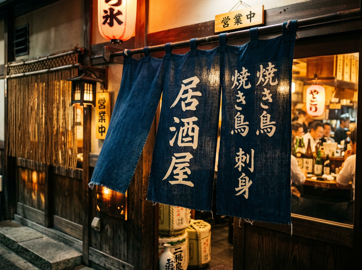 图中展示了一家充满怀旧气息的日式居酒屋门前。画面中心是深蓝色的粗麻布帘（暖帘），上面用白色书法字体写着“居酒屋”、“烧鸟”和“刺身”等字样。暖帘挂在木质横梁上，右侧透过玻璃窗可以看到店内昏黄温暖的灯光，几位食客正坐在吧台前用餐，桌上摆放着酒瓶。左侧是木质墙面，挂着写有“营业中”的黄色木牌和一盏复古的方形灯笼，上方还有一个红色的圆形灯笼，整体色调以深木色、暖橙色和靛蓝色为主，营造出深夜食堂的温馨氛围。

在 AI 生成细节方面，画面存在明显的文字处理瑕疵：最右侧暖帘上的“烧鸟”一词重复出现了两次，且字体结构略显生硬；上方红色灯笼上的文字笔画模糊，无法辨认；玻璃窗内食客的面部轮廓较为模糊，缺乏清晰的五官细节。此外，暖帘左侧的第一块布料悬挂角度略显生硬，与物理重力感不太相符。