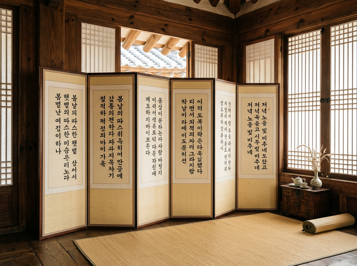 图中展示了一个充满古朴韵味的传统韩式室内空间。房间由深色木材构建，地面铺着草席，右侧摆放着一个精致的小木柜，上面放有茶具和插着干花的瓷瓶。画面的视觉焦点是一扇六折的立式屏风，屏风上写满了韩文书法，色调以米黄色和木质原色为主，营造出宁静、典雅的氛围。透过背景中半开的格子木门，可以看到室外层叠的瓦片屋顶。

作为一张 AI 生成的图片，画面存在几处明显的逻辑缺陷：首先，屏风上的韩文字符虽然看起来工整，但仔细观察会发现许多笔画结构并不规范，属于无法解读的“伪文字”；其次，屏风底部与地面的接触位置透视略显生硬，缺乏自然的阴影过渡；最后，背景中屋檐的瓦片排列在细节处有些模糊和错位，不符合真实的建筑结构。虽然整体构图和谐，但这些细节揭示了其人工智能生成的本质。
