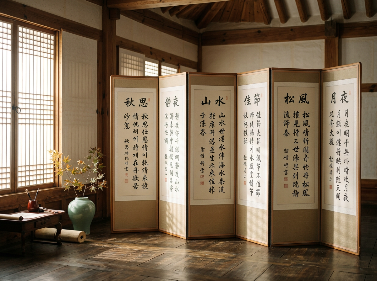 图中展示了一个充满古朴韵味的传统韩式或中式室内场景。画面中央是一扇六折屏风，每扇屏风上都书写着黑色的书法文字，文字间点缀着红色的印章，屏风框架为浅木色。左侧有一扇透光的格子木窗，阳光穿过窗棂洒在深色的木质地板上，形成明亮的条纹光影。窗边摆放着一个青瓷花瓶，插着几枝带有黄绿叶片的红枫；旁边是一张低矮的木几，上面放着笔筒和纸张。整体色调以温暖的木色、米白色和柔和的日光为主，营造出宁静、典雅的书斋氛围。在 AI 生成细节方面，屏风上的书法文字存在明显的逻辑错误，许多汉字笔画扭曲、结构混乱，甚至夹杂了无法辨认的符号，并非真实的诗词。此外，屏风底部的阴影与折叠角度在透视上略显生硬，左侧木几下的卷轴边缘也显得不够自然。