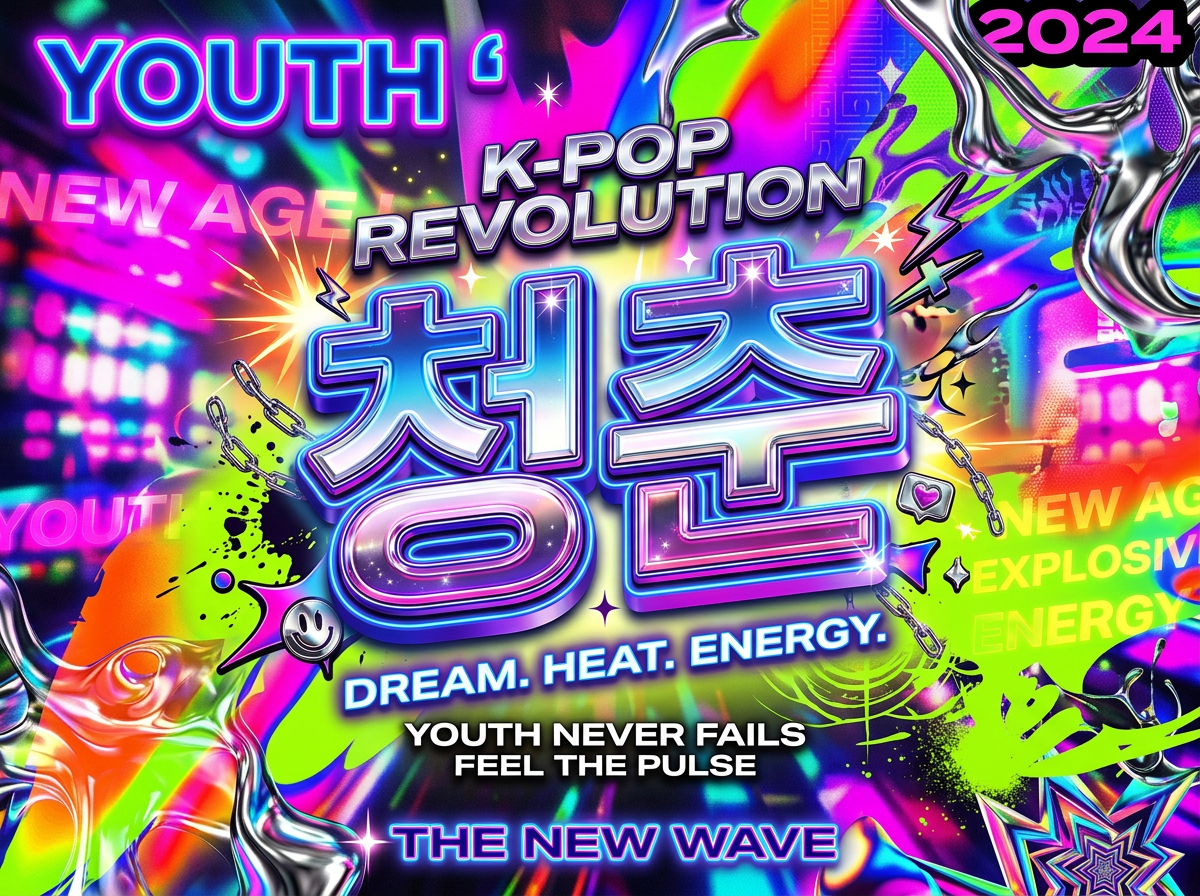 画面中展示了一张充满赛博朋克风格和 Y2K 美学的 K-Pop 主题海报，视觉效果极其绚丽夺目。背景由饱和度极高的荧光绿、亮紫色、粉色和蓝色交织而成，呈现出流体喷绘和霓虹灯光的质感。画面中心是巨大的 3D 立体韩文字样，带有金属光泽和紫色渐变，上方写着“K-POP REVOLUTION”，下方则是“DREAM. HEAT. ENERGY.”等励志英文短语。构图充满了动感，四周点缀着银色液态金属装饰、黑色铁链、闪烁的星光以及笑脸图标。

作为 AI 生成的图片，画面中存在一些明显的逻辑缺陷：背景中的英文单词如“NEW AGE”和“EXPLOSIVE”出现了多次重叠且边缘模糊，部分字母与背景色块融合，显得杂乱。右侧的铁链末端凭空消失，没有合理的连接点。此外，背景左侧的霓虹灯阵列透视关系混乱，呈现出一种无序的像素堆砌感。整体设计虽然极具视觉冲击力，但在文字排版的精细度和空间逻辑上仍显生硬。