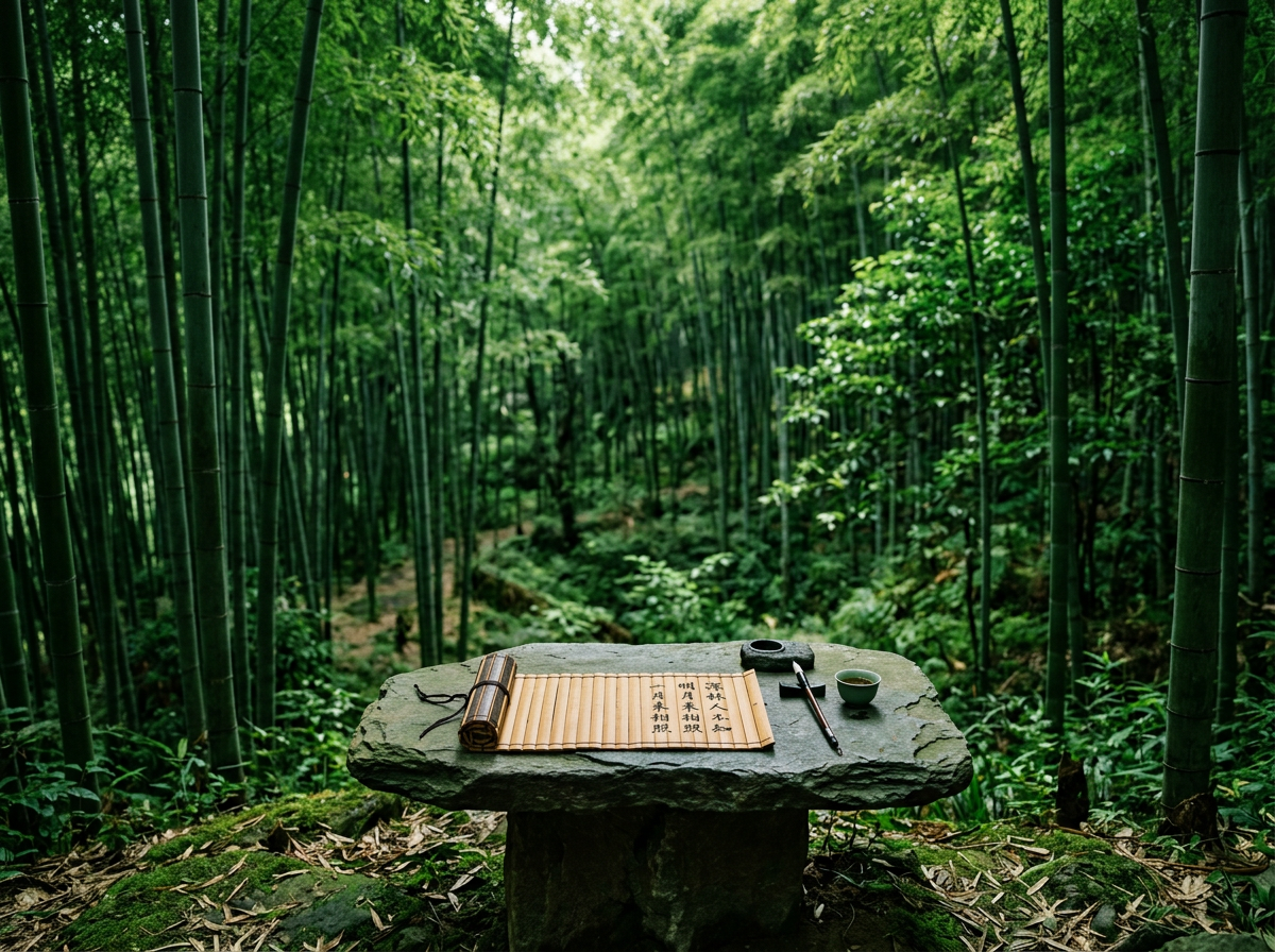 图中展现了一幅宁静的翠绿竹林景观。画面中心是一张粗糙的灰色石桌，桌上整齐地摆放着富有中国传统文化气息的物品：一卷展开的黄色竹简、一支毛笔、一方砚台和一只盛有清茶的小瓷杯。竹简上书写着黑色的书法汉字。背景是茂密而深邃的竹林，阳光穿透层叠的竹叶，在林间洒下斑驳的光影，营造出一种清幽、雅致的禅意氛围。构图上采用中心透视，视线由石桌向竹林深处延伸。

然而，画面中存在明显的 AI 生成缺陷：首先，竹简上的汉字虽然形似书法，但仔细观察会发现大多是无法辨认的“伪汉字”，笔画结构混乱，不具备实际含义；其次，石桌右侧的毛笔与搁笔架（笔搁）的融合显得生硬，透视关系略显不自然；此外，背景中部分竹竿的生长路径在交叠处出现了逻辑断层，部分叶片的边缘也存在模糊和重影的现象。