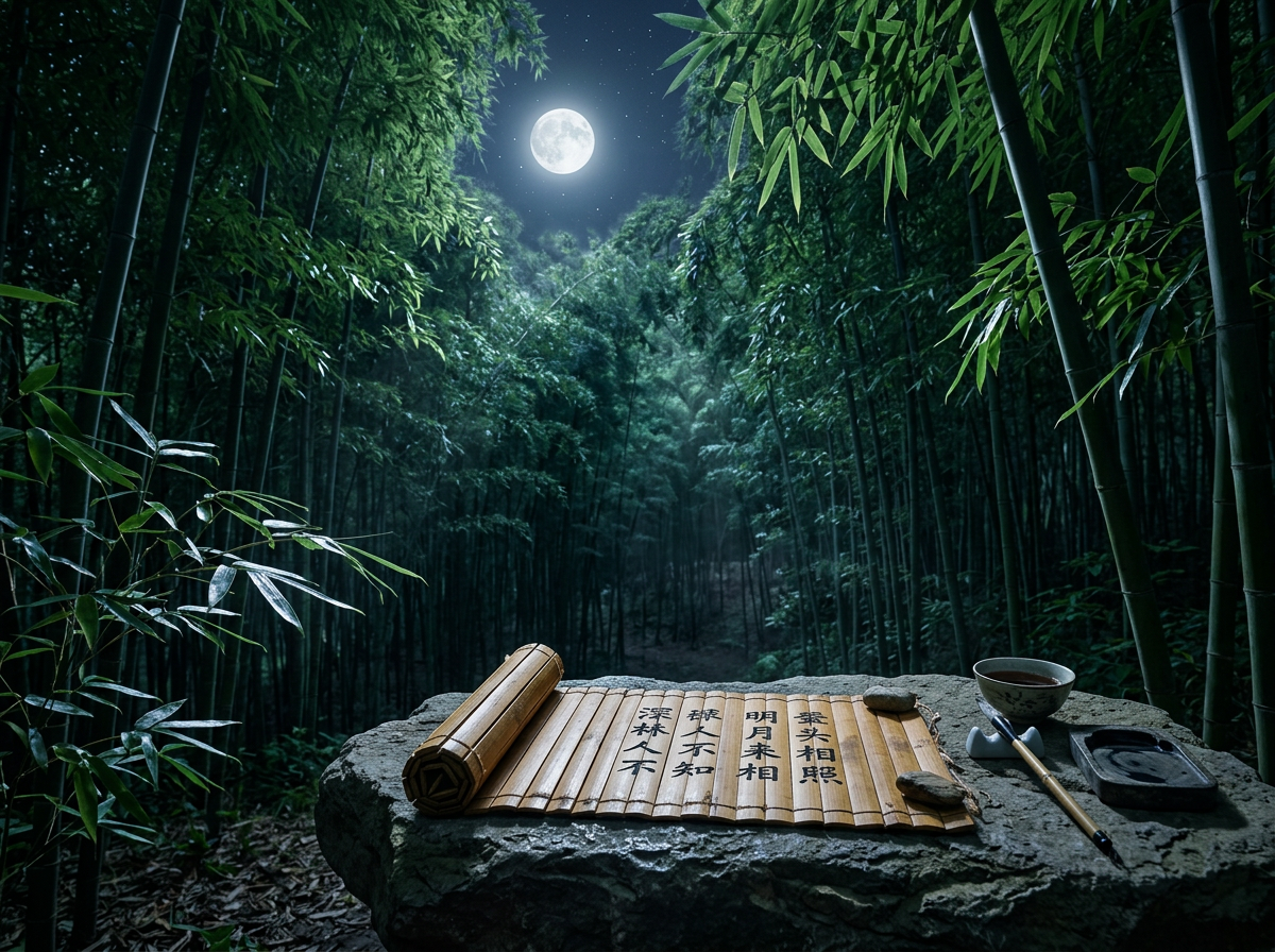 图中展现了一个静谧的深夜竹林场景。画面中心是一轮明亮的满月，悬挂在繁星点点的夜空中，冷白色的月光穿透茂密的竹叶，洒向幽深的林间小径。前景处有一块巨大的青灰色岩石，石面上整齐地摆放着文房四宝：一张展开的竹简、一支毛笔、一个墨砚和一盏茶杯。竹简上用隶书写着诗句，整体色调以深绿、墨黑和月光白为主，营造出一种超脱尘世的禅意氛围。

在 AI 生成的细节方面，存在明显的逻辑和文字缺陷。首先，竹简上的文字虽然看起来像汉字，但排列顺序和内容存在错误，部分字形扭曲且无法辨认，未能准确还原《竹里馆》的诗句。其次，毛笔的笔尖指向和摆放位置略显生硬，笔架与毛笔的接触点透视关系不够自然。此外，竹简边缘的卷曲弧度在物理结构上显得有些僵硬，缺乏真实竹片的质感。尽管如此，画面整体的构图和光影效果依然传达出了浓厚的古风意境。