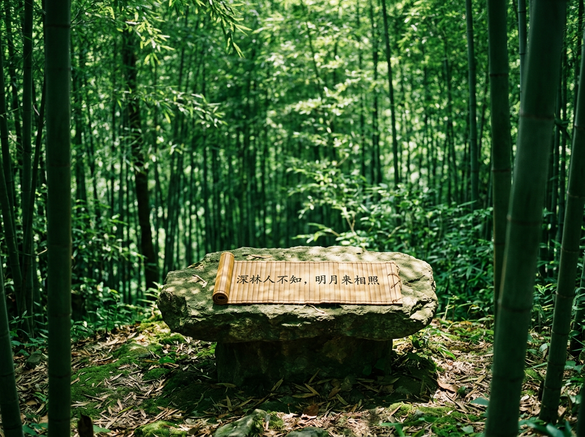 画面中呈现了一片郁郁葱葱的翠绿竹林，阳光透过茂密的竹叶缝隙洒下斑驳的光影。在画面的中心位置，有一块巨大的青灰色岩石，形状扁平如台。岩石上铺展着一卷古朴的竹简，竹简上清晰地印着黑色的简体中文字：“深林人不知，明月来相照”。背景是层层叠叠、深浅不一的绿色竹竿和枝叶，营造出一种幽静、深邃的自然氛围。构图上采用中心对称，视觉焦点集中在石台上的竹简。

作为 AI 生成的图片，画面存在一些明显的逻辑缺陷：首先，竹简上的文字虽然清晰，但字体是现代的黑体，与整体古风意境不符，且文字像是直接悬浮在竹片表面，缺乏物理刻痕或墨迹感；其次，竹简的左侧卷起部分结构异常，卷轴的厚度与展开部分的比例不协调；最后，石台下方的阴影处理略显生硬，部分竹叶与地面的融合处存在透视上的模糊感。