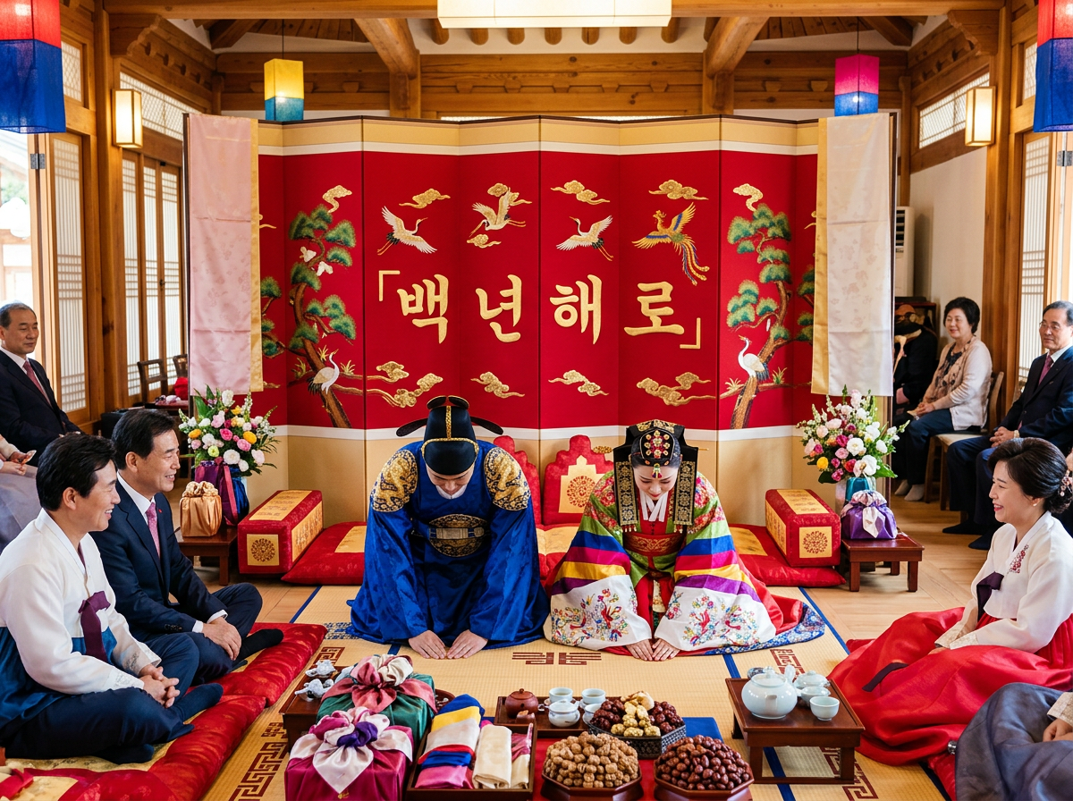 画面中展示了一场在传统韩式木制建筑内举行的韩式婚礼。一对新人身着华丽的韩服，正跪在榻榻米上低头行礼。新郎穿着深蓝色的官服，新娘则穿着色彩斑斓的圆衫，头戴精美的发饰。他们身后是一扇巨大的红色屏风，上面绘有仙鹤、松树和金色云纹，中心印有黄色的韩文字样。房间两侧坐着多位身穿西装或韩服的宾客，面带微笑地注视着仪式。前景摆放着盛有红枣、栗子等传统婚礼食品的木盘和茶具。

作为一张 AI 生成的图片，画面中存在几处明显的逻辑和细节缺陷：首先，屏风上的韩文字符结构不规范，笔画存在扭曲和逻辑错误；其次，新郎行礼时的手部线条模糊，手指数量和关节连接显得生硬；此外，背景中左侧宾客的腿部与坐垫的遮挡关系不够自然，且部分远景人物的面部特征模糊不清，呈现出 AI 生成特有的涂抹感。