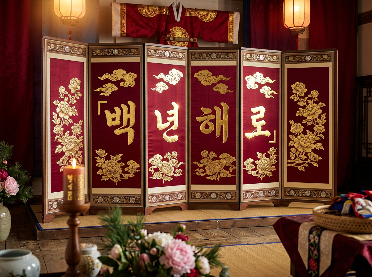图中展示了一个富有韩国传统韵味的室内场景，布置得如同婚礼或庆典现场。画面中心是一扇六扇折叠屏风，屏风表面为深红色绸缎，上面绣有金色的祥云、花卉以及四个巨大的韩文字符“백년해로”，寓意“白头偕老”。屏风后方悬挂着一件华丽的红色韩服（圆衫），上方点缀着两盏散发暖黄光芒的传统灯笼。前景处摆放着点燃的蜡烛、粉色花卉和木质托盘，营造出温馨庄重的氛围。整体色调以红、金、棕为主，光影柔和。

在 AI 生成的细节方面，存在一些明显的逻辑缺陷：屏风上的韩文字符笔画略显僵硬，且左右两侧的引号标记不对称，左侧引号悬浮在文字上方，右侧则在下方。屏风底部的木质支脚形状不一，且与地面的接触点透视略显生硬。此外，背景中悬挂的韩服结构模糊，缺乏真实的衣架支撑逻辑，左侧前景的蜡烛火苗形状过于规则，缺乏动态的真实感。