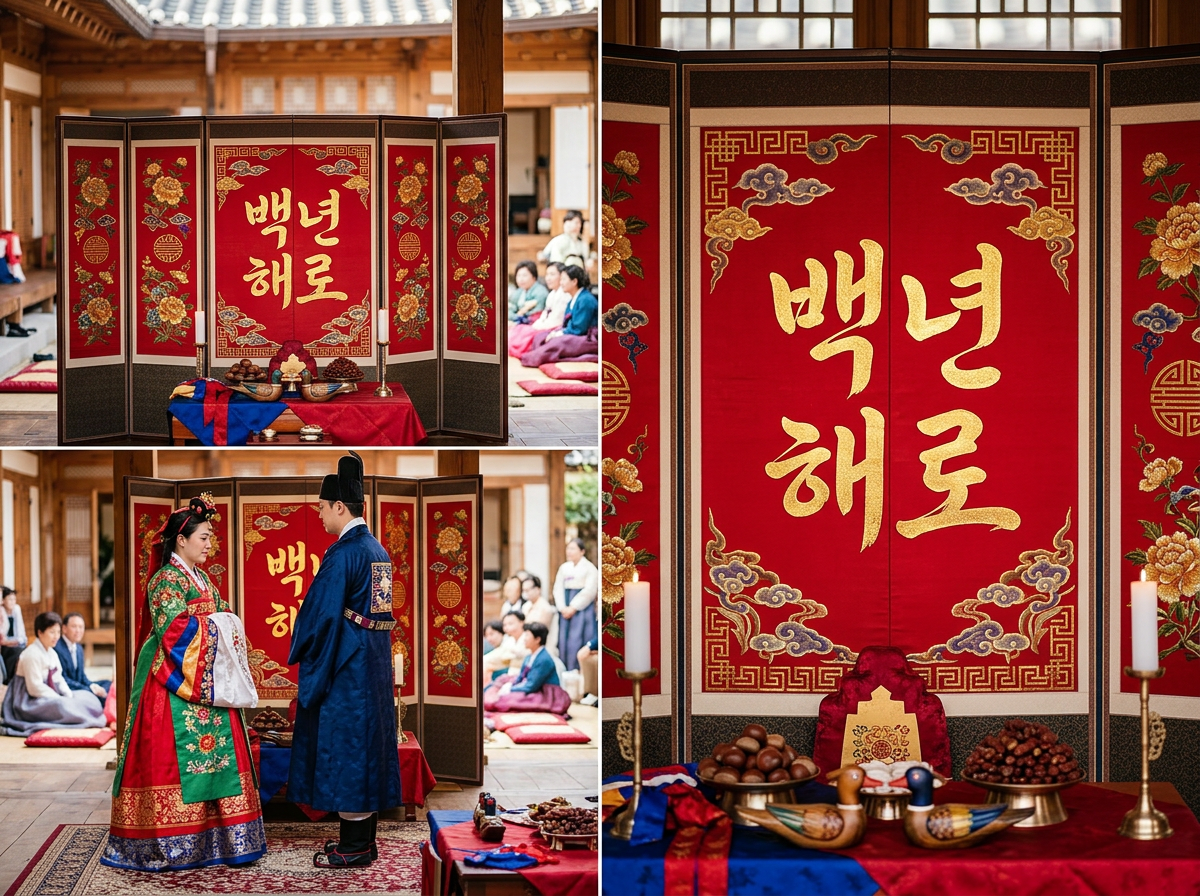 画面中展示了一组拼接而成的韩国传统婚礼场景。主色调为喜庆的深红色与木质棕色。画面中心是一扇华丽的红色屏风，上面用金色韩文书写着“百年偕老”，并点缀着精致的牡丹花和祥云刺绣。屏风前摆放着铺有红蓝绸缎的供桌，桌上盛放着栗子、红枣和一对象征恩爱的木制鸳鸯。左下方的画面中，新郎穿着深蓝色官服，新娘穿着色彩斑斓、绣满花纹的红绿韩服，两人正相对而立。

作为 AI 生成的图片，画面存在明显的逻辑与细节缺陷：屏风上的韩文字体笔画略显生硬，不符合传统书法美学；背景中观礼宾客的五官模糊不清，甚至出现了扭曲变形的色块；新娘的袖口和裙摆花纹在不同角度下缺乏连贯性；供桌上的物品阴影处理不够自然，部分元素像是漂浮在桌面上，整体透视感略显平面。