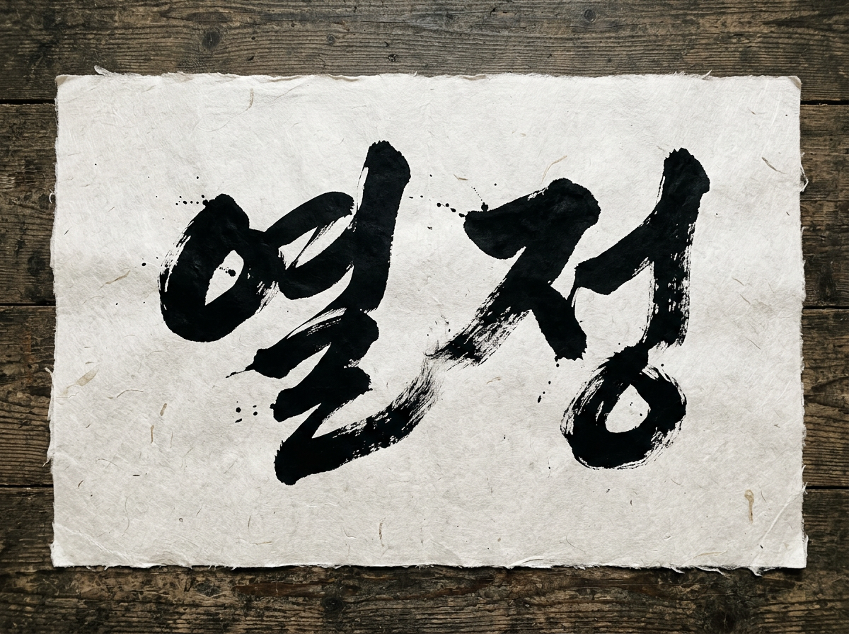 图中展示了一张具有粗糙质感的米白色手工纸，平铺在深褐色的老旧木纹背景上。纸张中心是用浓重的黑色墨水书写的韩文书法，意为“热情”（열정）。书法笔触苍劲有力，带有明显的飞白效果和随机溅落的墨点，呈现出一种充满动感的艺术风格。纸张边缘不规则且带有纤维撕裂感，增强了古朴的氛围。从 AI 生成的角度来看，画面存在一些逻辑瑕疵：纸张边缘的阴影处理不够自然，看起来像是悬浮在木板上而非紧贴；书法字体的结构虽然美观，但部分笔画的交接处显得过于模糊，缺乏真实毛笔书写的逻辑连贯性；此外，背景木板的纹理在纸张边缘处出现了轻微的透视扭曲，使得整体空间感略显生硬。