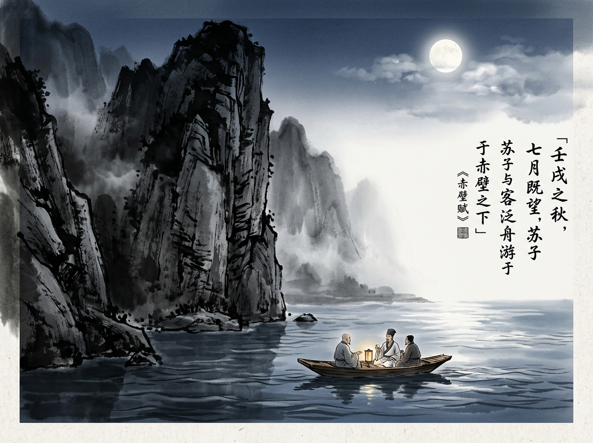 画面中呈现了一幅仿中国传统水墨画风格的场景，描绘了苏轼《赤壁赋》中“月夜泛舟”的意境。左侧是陡峭高耸的黑色岩壁，笔触粗犷，展现出山石的嶙峋感；右侧则是一片开阔的水面，上方悬挂着一轮明亮的圆月，月光洒在波动的江面上。画面中央有一叶小舟，三位身着古装的男子围坐在一盏灯火旁，似乎在饮酒交谈。右侧配有黑色的书法文字。

在 AI 生成的细节方面，存在一些明显的逻辑缺陷：首先，小舟上的灯火亮度与江面上的倒影位置不完全匹配，倒影显得过于生硬。其次，船上三人的手部细节模糊，甚至出现了手指数量不清晰或肢体衔接生涩的情况。此外，远景的山峦与近景的岩壁在透视衔接上略显断层，水波的纹理在靠近船只处显得有些重复和机械，缺乏自然水流的随机感。