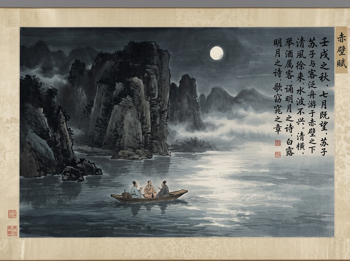 画面中呈现的是一幅仿古风格的水墨画卷，描绘了苏轼《赤壁赋》中“月夜泛舟”的意境。构图上，左侧是陡峭漆黑的岩壁，右侧是开阔的水面，远方群山在云雾中若隐若现。一轮明月悬挂在夜空，月光在波光粼粼的水面上洒下一道银色的倒影。画面中央有一叶小舟，三位身着古装的文人正围坐对饮，神态悠闲。右侧配有楷书题字及红色印章，整体色调以冷峻的灰黑、青蓝色为主。

在 AI 生成的细节上存在明显缺陷：首先，右侧的文字虽然形似汉字，但仔细观察会发现许多字形结构错误，属于典型的 AI 乱码文字；其次，小舟上的人物比例与船只结构略显生硬，船桨缺失，人物的手部动作模糊不清；此外，水面的月光倒影与月亮的位置在透视逻辑上不够严谨，显得有些漂浮。画面边缘的装裱纹理也存在重复感和不自然的衔接。